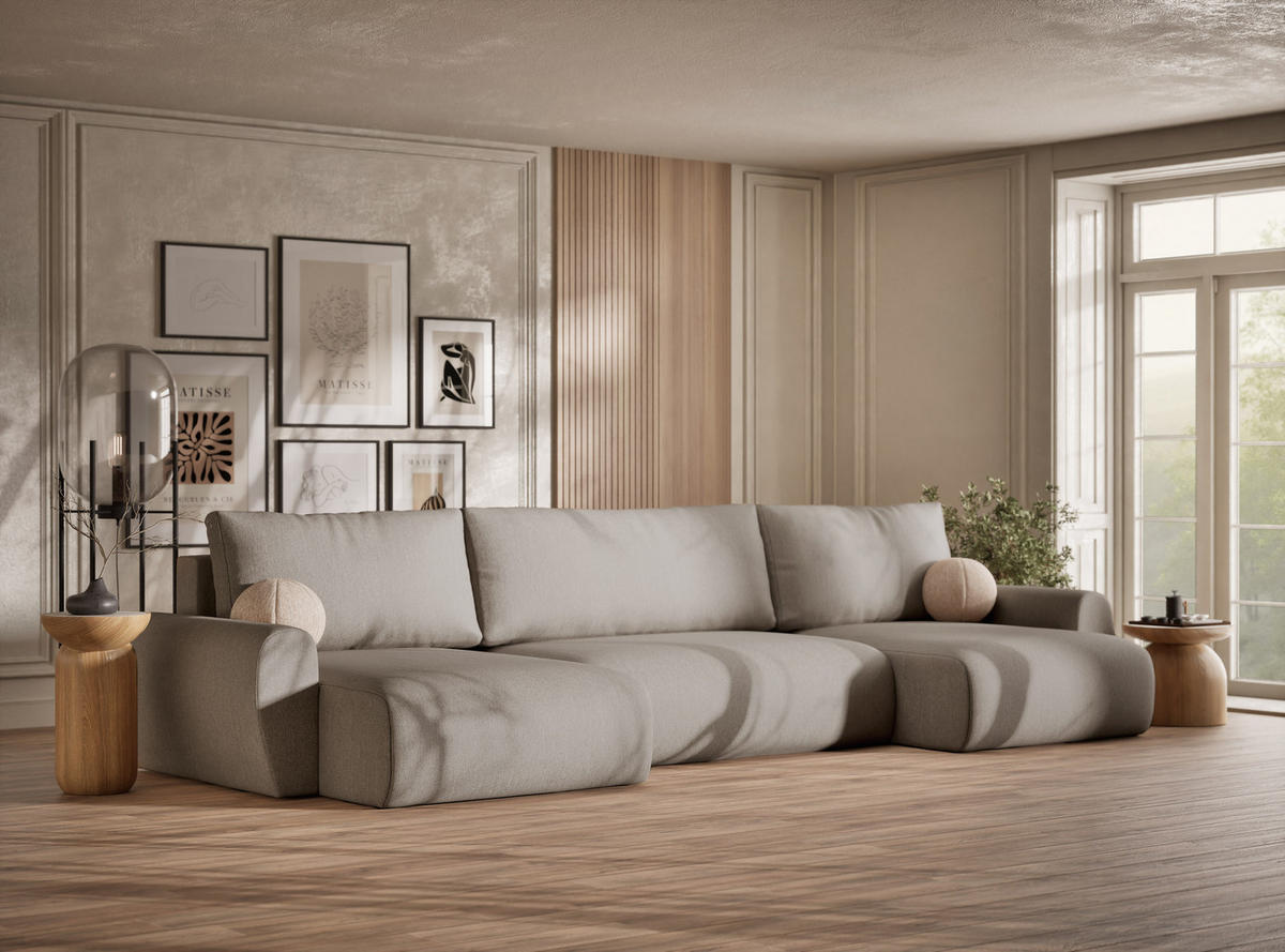 WOHNLANDSCHAFT MIT SCHLAFFUNKTION Numba Beige Webstoff - Beige/Schwarz, Holz/Holzwerkstoff (397/70/153cm) - Maison de Reve