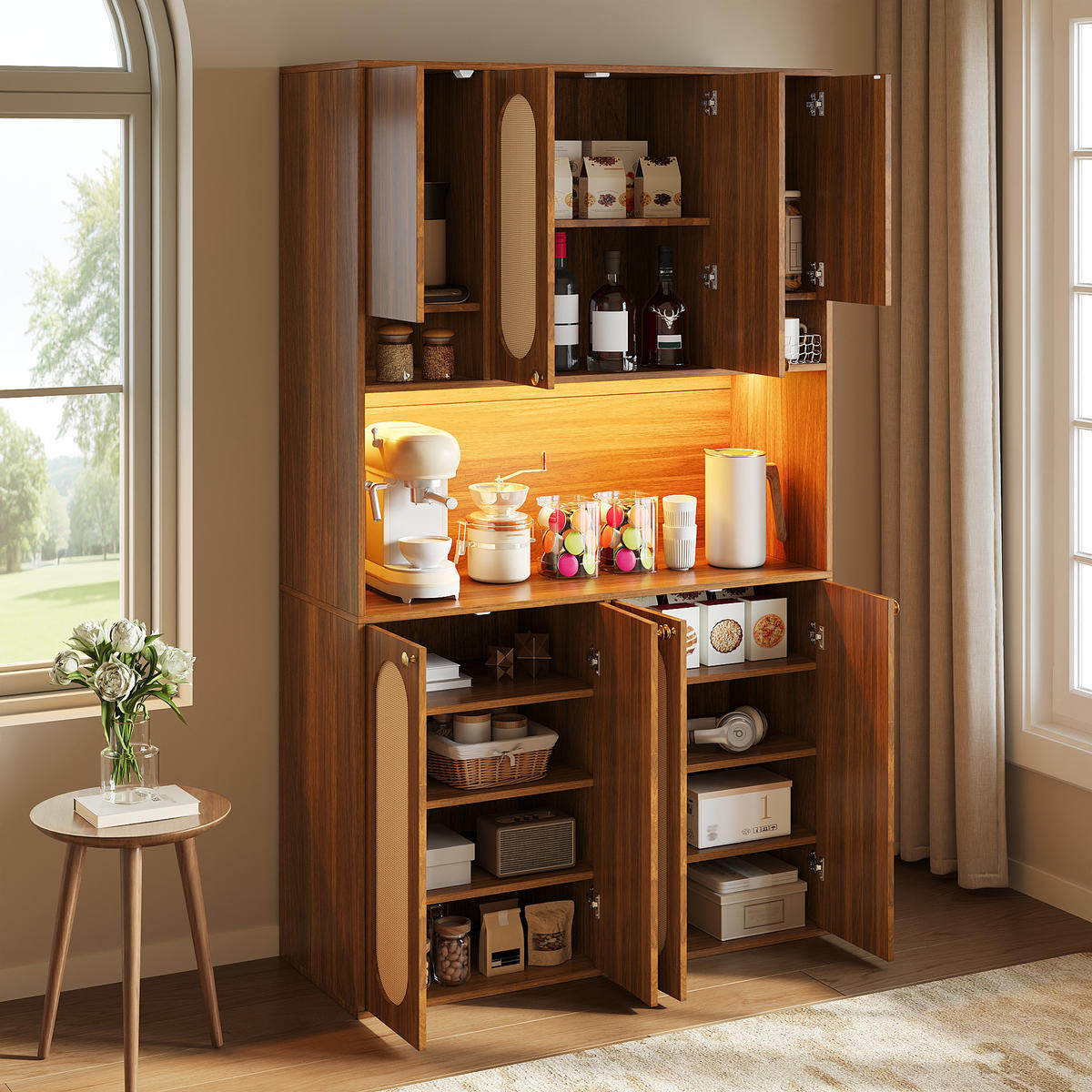 BUFFET Hoch mit PE-Rattan, LED-Beleuchtung und großem Stauraum - Nussbaumfarben, Holzwerkstoff (40/178/106cm) - Korfee