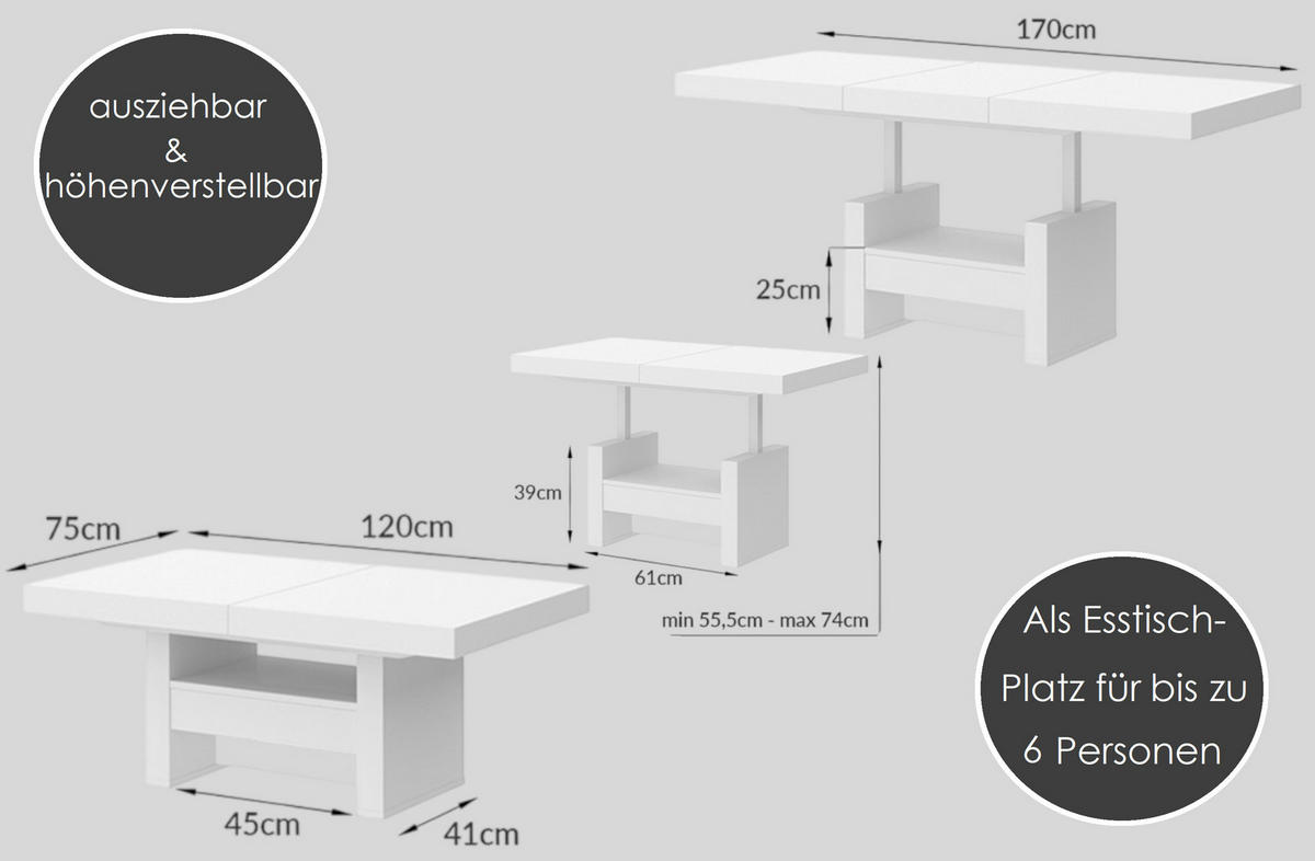 COUCHTISCH rechteckig Anthrazit matt Weiß Hochglanz Höhenverstellbar ausziehbar 12/75/55 cm - Weiß Hochglanz/Anthrazit, Holzwerkstoff (75/120/55cm)