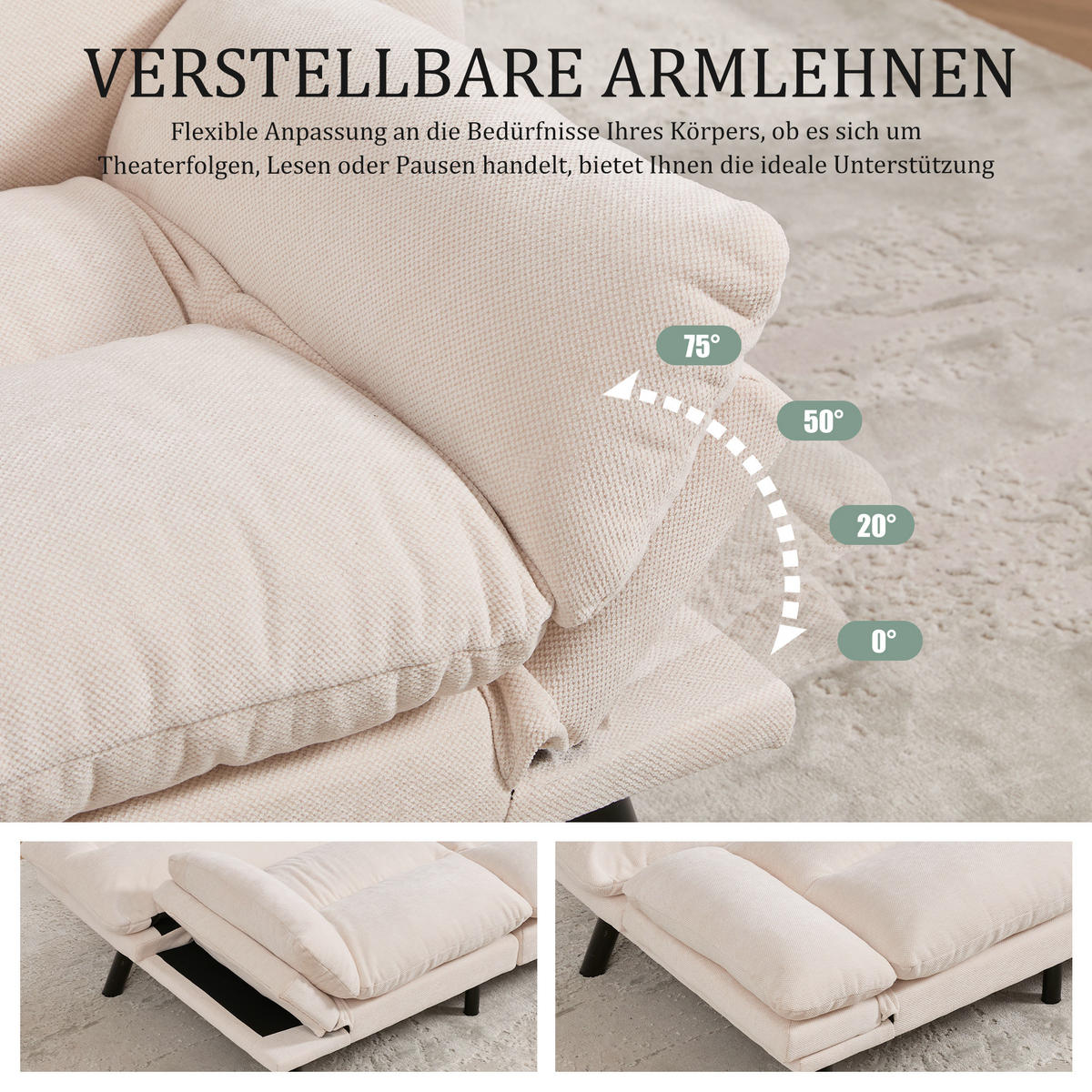 2-SITZER SOFA mit Verstellbare Rückenlehne und Armlehnen, Metallfüße, Beige - Beige, Textil (90/76/165cm) - KOMHTOM