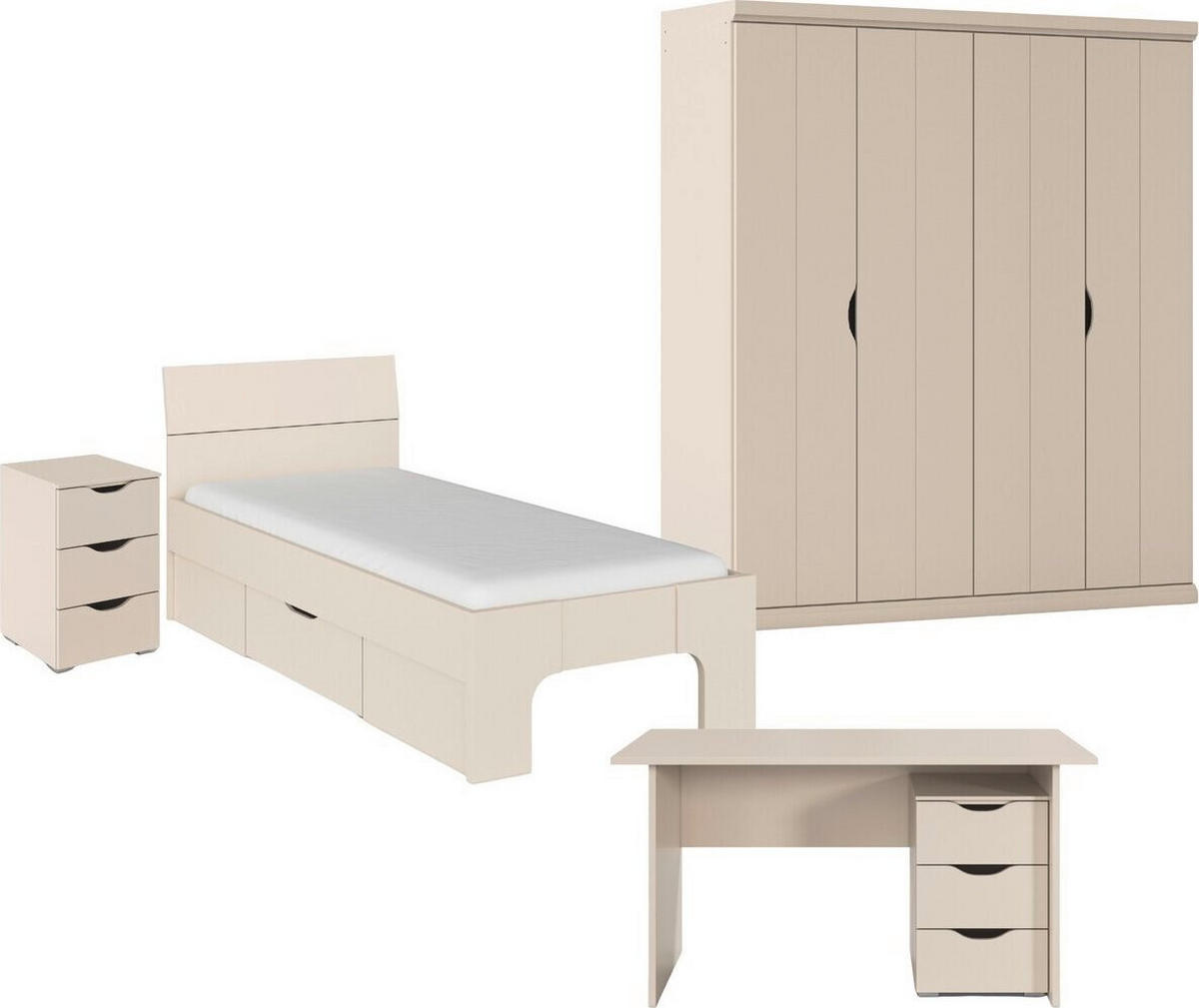 JUGENDZIMMER Frieda in Beige 5-teilig mit 4 türigem Kleiderschrank ohne Schubkästen, 90er Jugendbett, Nachttisch, Schreibtisch mit Container - Beige, Holzwerkstoff (80/200/120cm)
