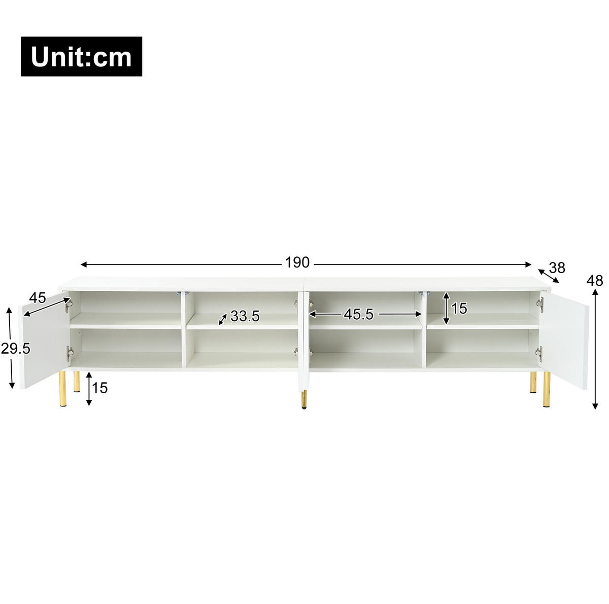 TV-SCHRANK mit 4 Türen 190 x 38 x 48 cm Weiß - Weiß, Holzwerkstoff (38/48/190cm) - Beauniv