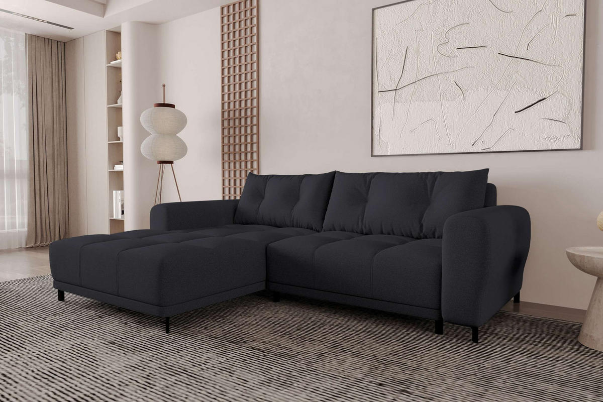 ECKSOFA Massimo Strukturstoff Schwarz inkl. Schlaffunktion Links - Schwarz, Textil/Metall (246/177cm) - 99rooms