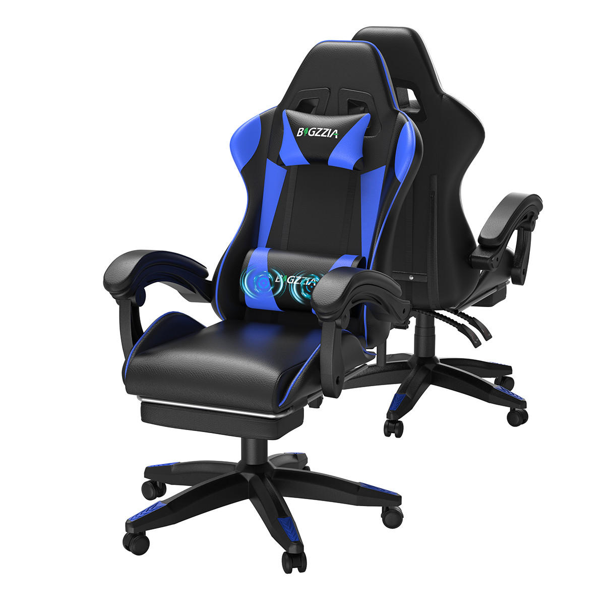 GAMINGSTUHL ergonomisch Massage Lendenstütze Fußstütze PU Leder 150 kg Blau - Blau, Metall (66/126/58cm) - Rattantree