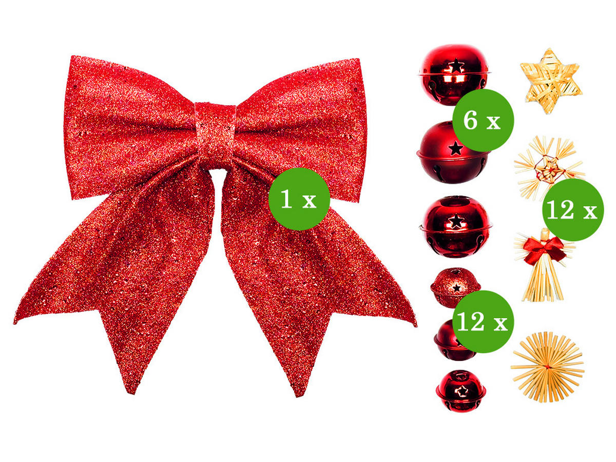 WEIHNACHTSBAUM künstlicher 60 cm mit LED-Beleuchtung, STROHORNAMENT, mit 31 Weihnachtsbaumschmuck, Pflanztopf mit Jutesack - Rot/Braun, Kunststoff/Stein (40/60cm) - LAALU