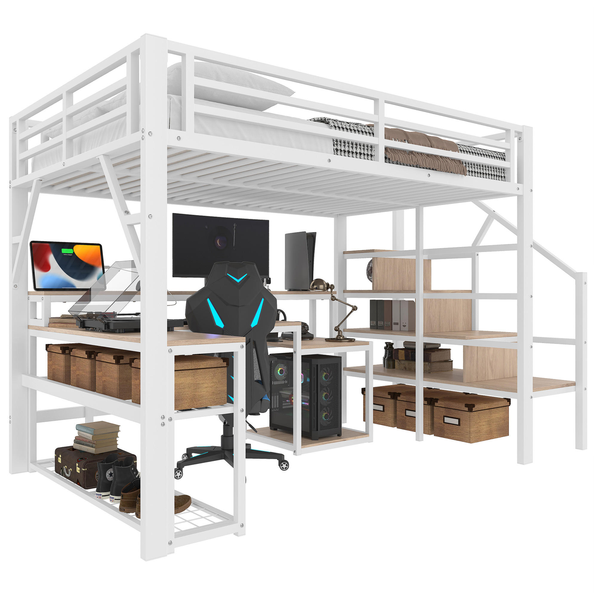 Modfu PATROVÁ postel z kovu a MDF 140x200 cm bílá s LED osvětlením, USB portem, psacím stolem a úložným prostorem