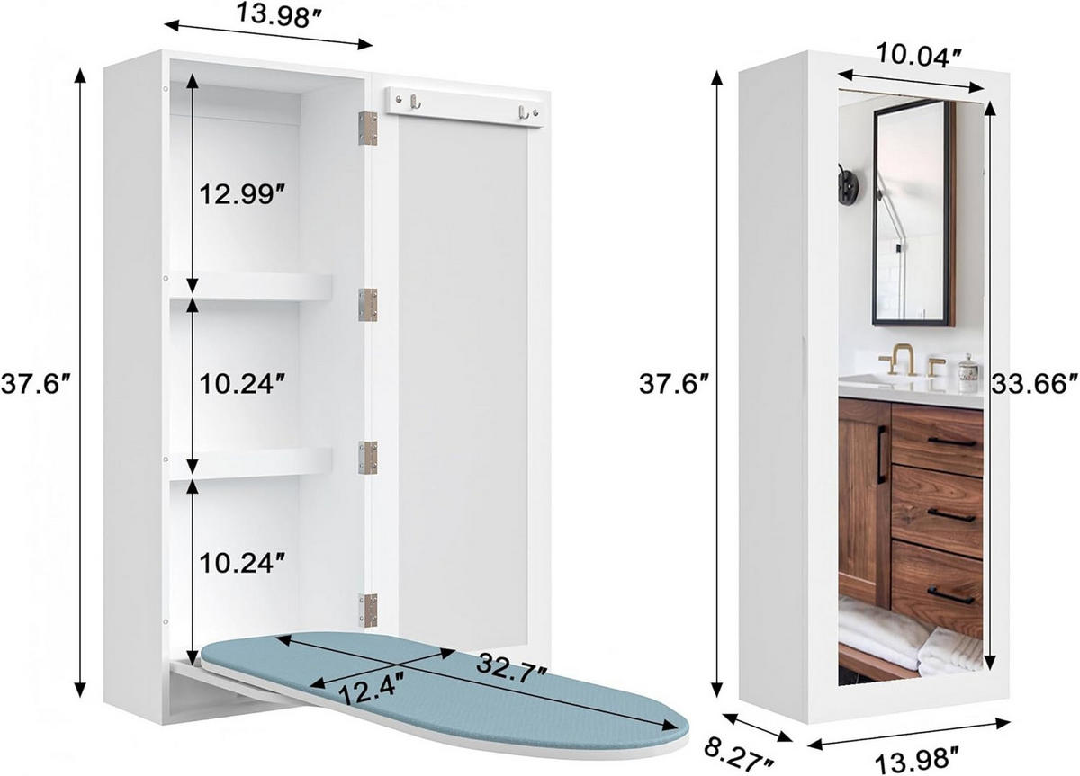 BÜGELBRETTSCHRANK DE-37976 mit Spiegel und Aufbewahrung Weiß - Weiß, Holzwerkstoff (95.5/21/35.5cm) - ComfortXL