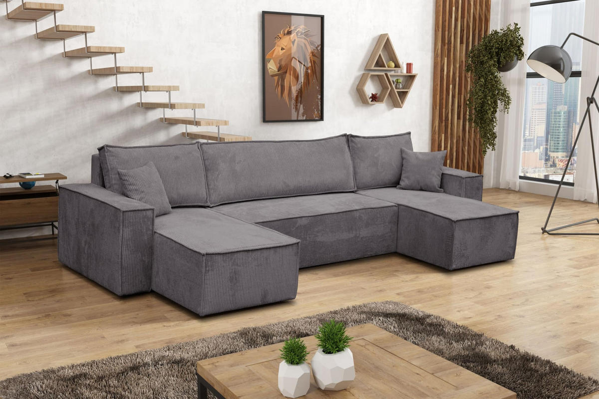 WOHNLANDSCHAFT Hugo U-Form Cordstoff mit Schlaffunktion und Bettkasten - Dunkelgrau, Textil (312/83/142cm) - VENASI MÖBEL