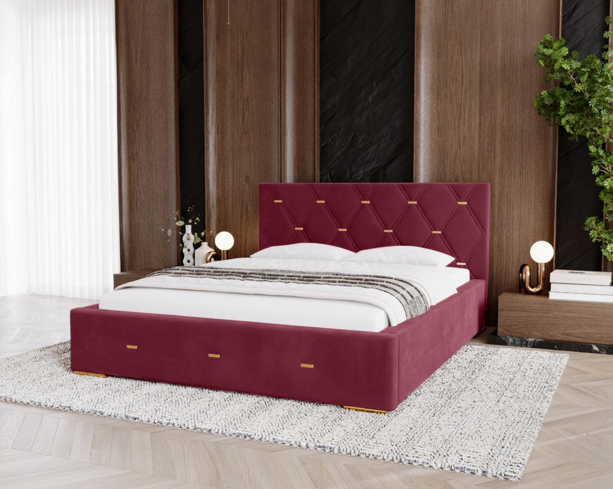 POLSTERBETT Golden Premium 140x200 cm, Doppelbett mit Bettkasten und Lattenrost aus Holz, Velourstoff: Lila - Lila, Holz/Textil (140/200cm) - Marpur