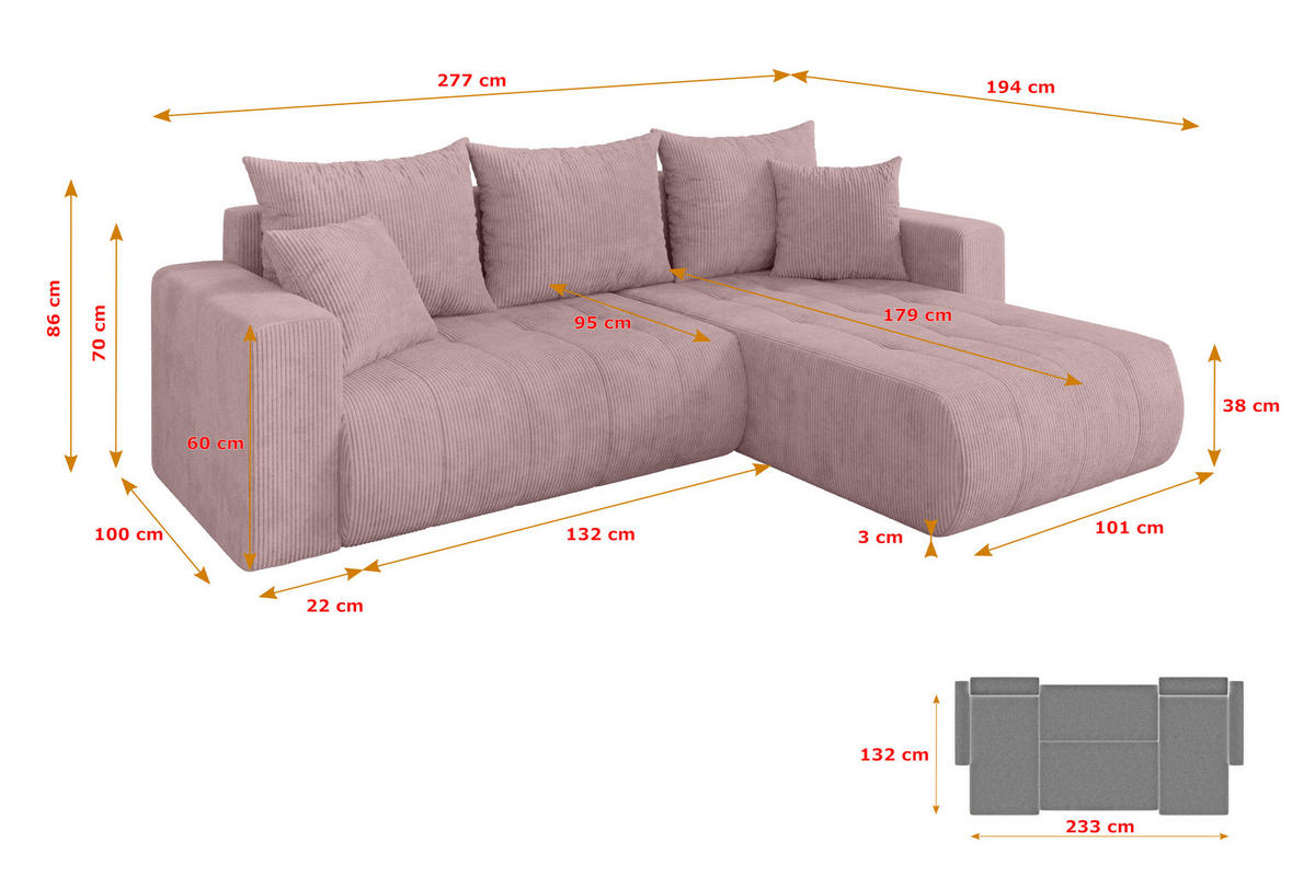 ROHOVÁ SEDAČKA s funkcí spaní, otoman vpravo MILA-L 277x194x86 růžová manšestr - růžová/černá, kompozitní dřevo/textil (277/194cm) - ALTDECOR