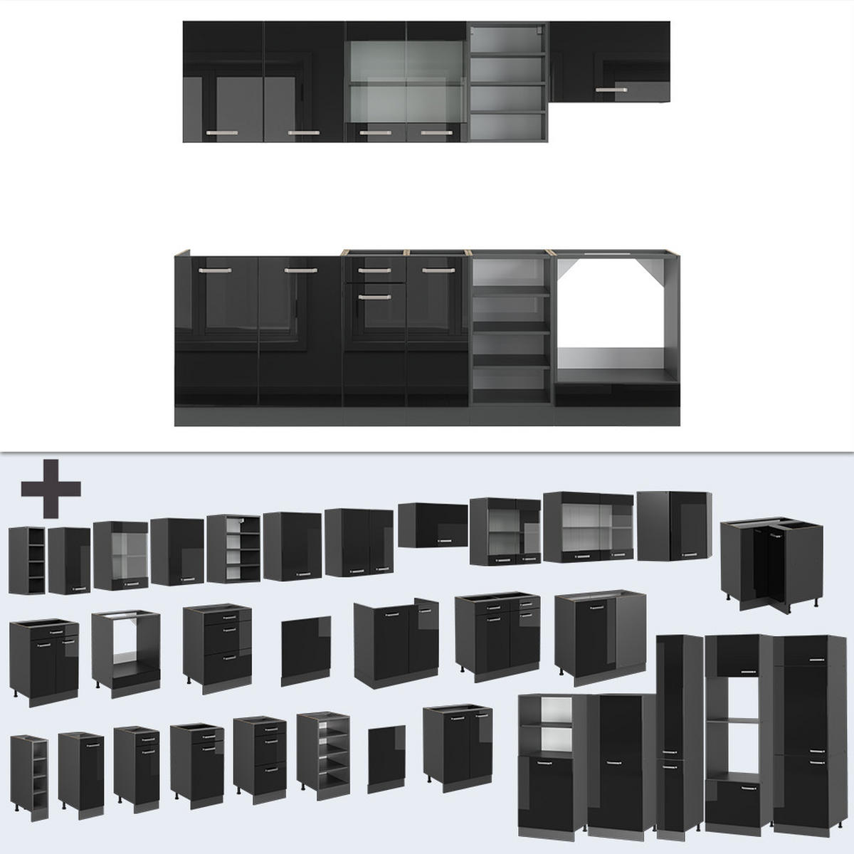 KÜCHENZEILE R-Line Schwarz Hochglanz/Anthrazit 240 cm, AP Eiche - Schwarz Hochglanz/Anthrazit, Holzwerkstoff (240/81.6/60cm) - Vicco