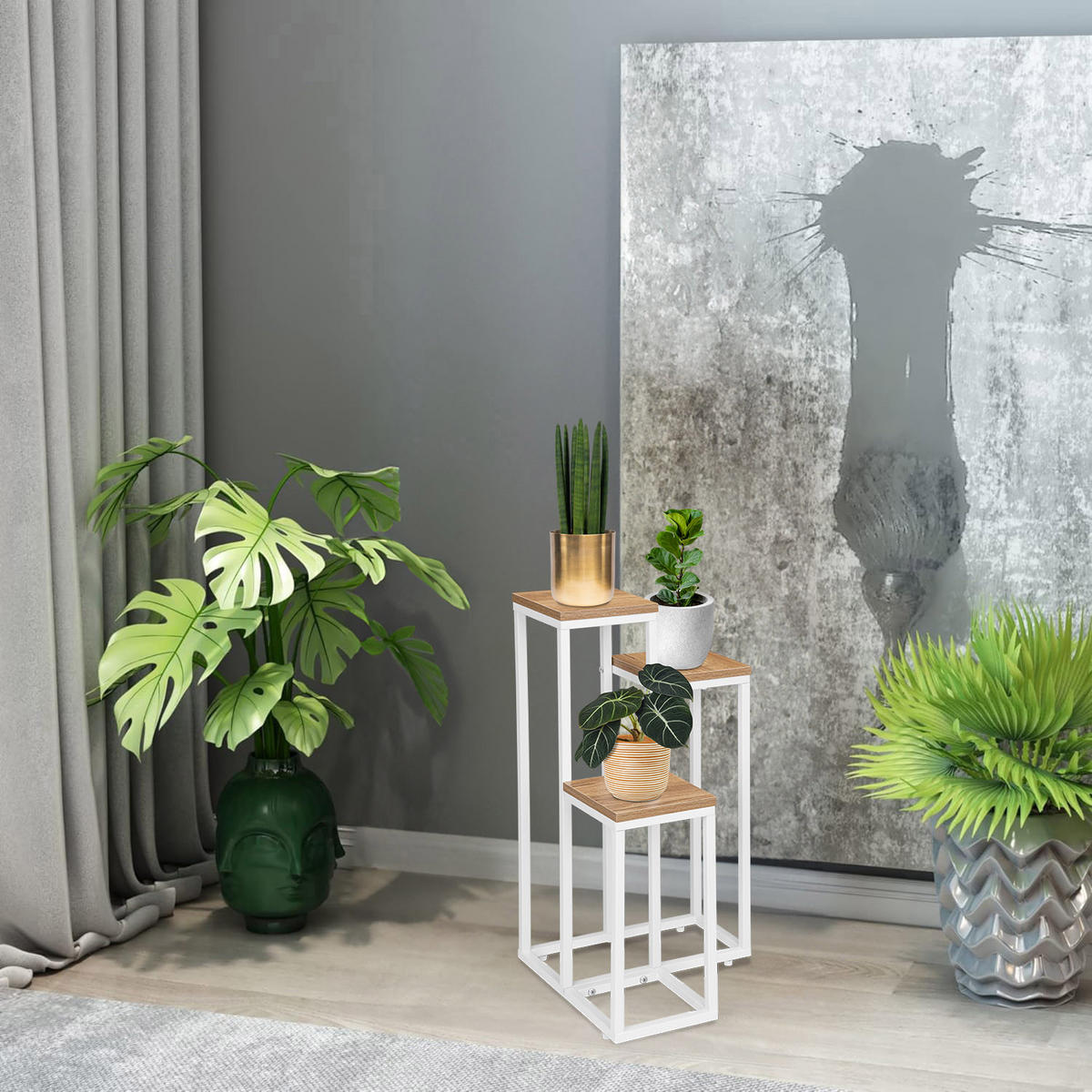 BLUMENSTÄNDER mit 3 Ablagen - Eiche Bianco, Metall (34/34/67cm) - Mat-Haus