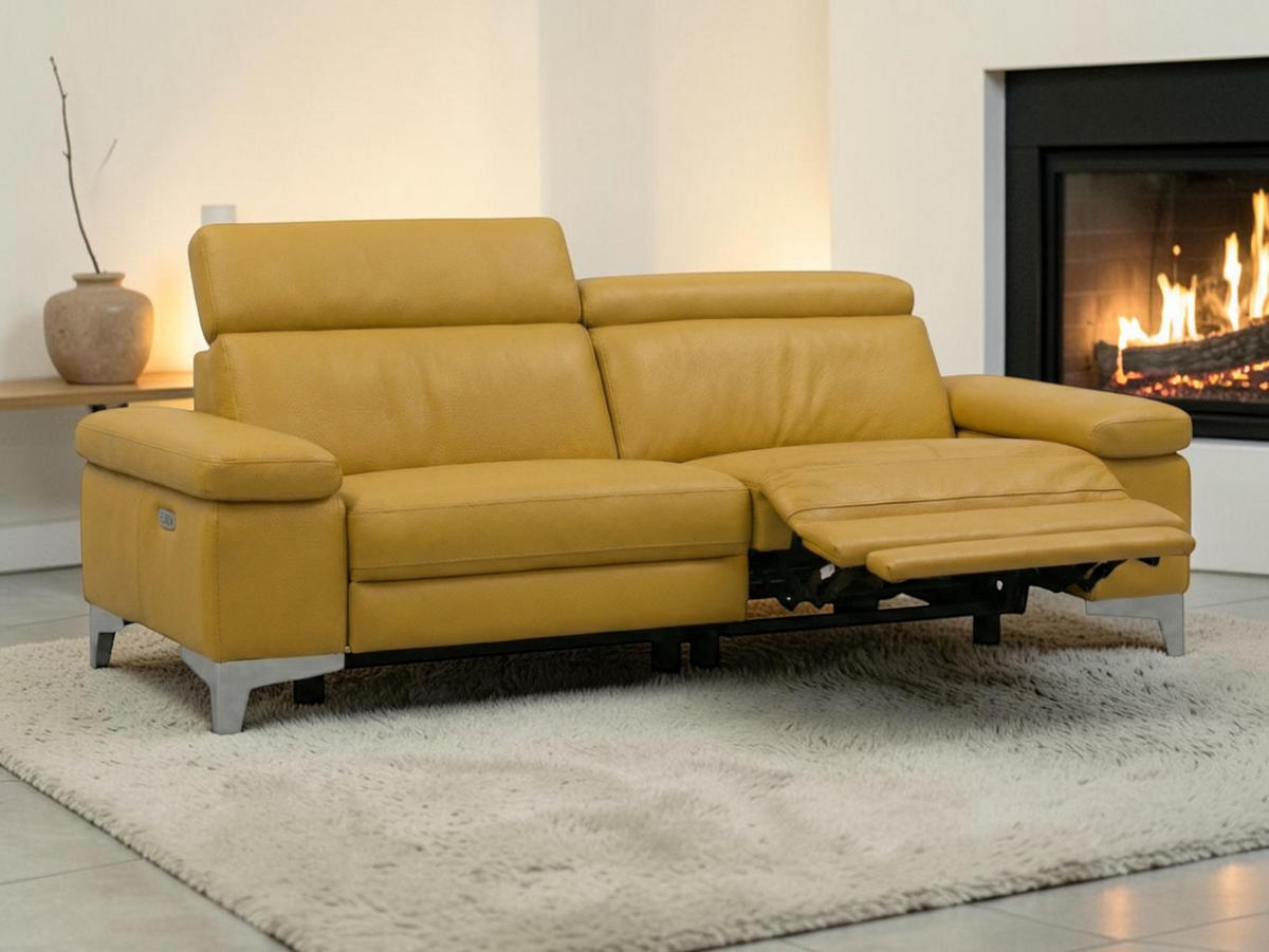 3-SITZER Sofa Talisman Echtleder mit 1 x Relaxfunktion Senfgelb - Gelb, Leder/Metall (216/80/100cm)