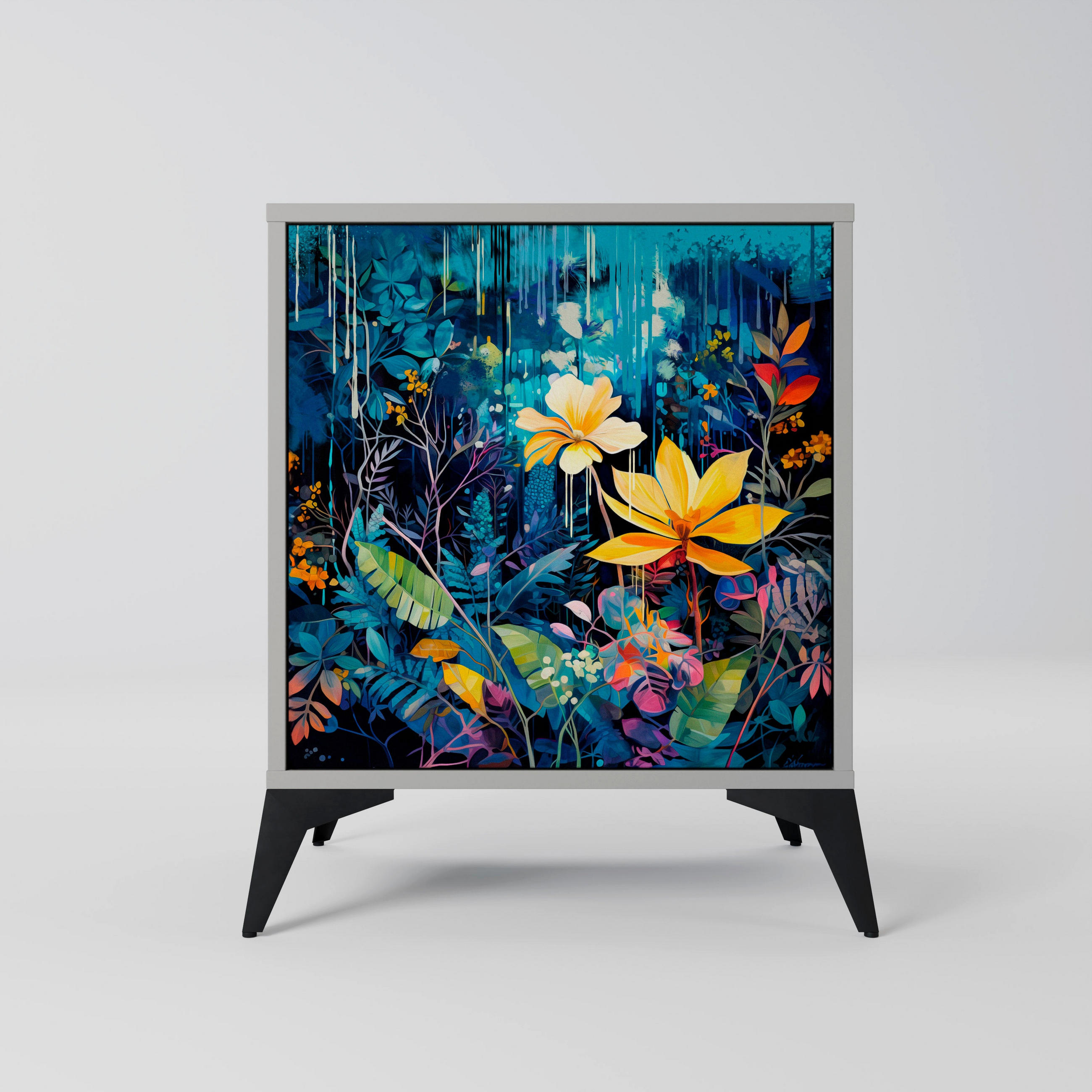 SIDEBOARD MIDNIGHT BLOSSOM, Grau, 57,5x42x70,5 cm, Schwarze Metall-Sternfüße - Multicolor/Schwarz, Holzwerkstoff/Metall (57.5/70.5/42cm) - SpaceRebels