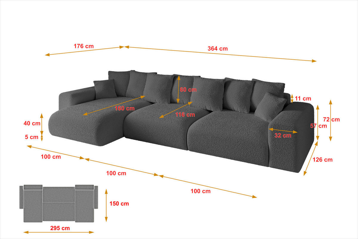ECKSOFA Ottomane links ESKAR-L 364x176x72 Platinfarben Bouclé - Platinfarben/Schwarz, Holzwerkstoff/Kunststoff (364/176cm) - ALTDECOR