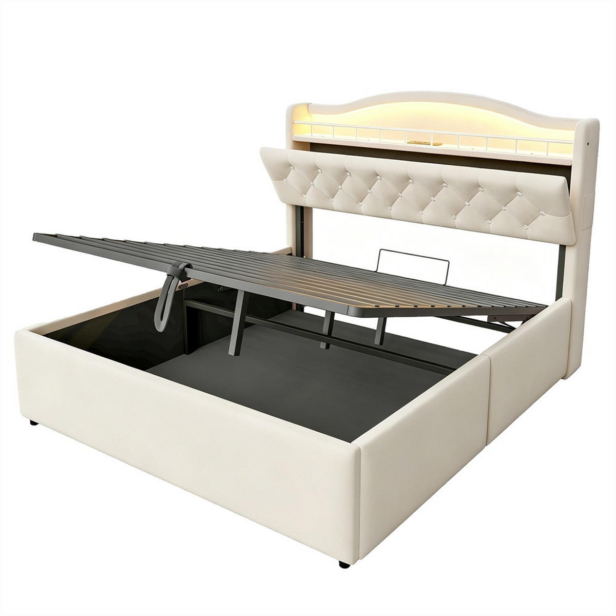 POLSTERBETT 140x200 cm mit hydraulischem Stauraum - LED Beleuchtung & Ladestation - Beige - Ohne Matratze - Beige, Textil (140/200cm) - DELFA