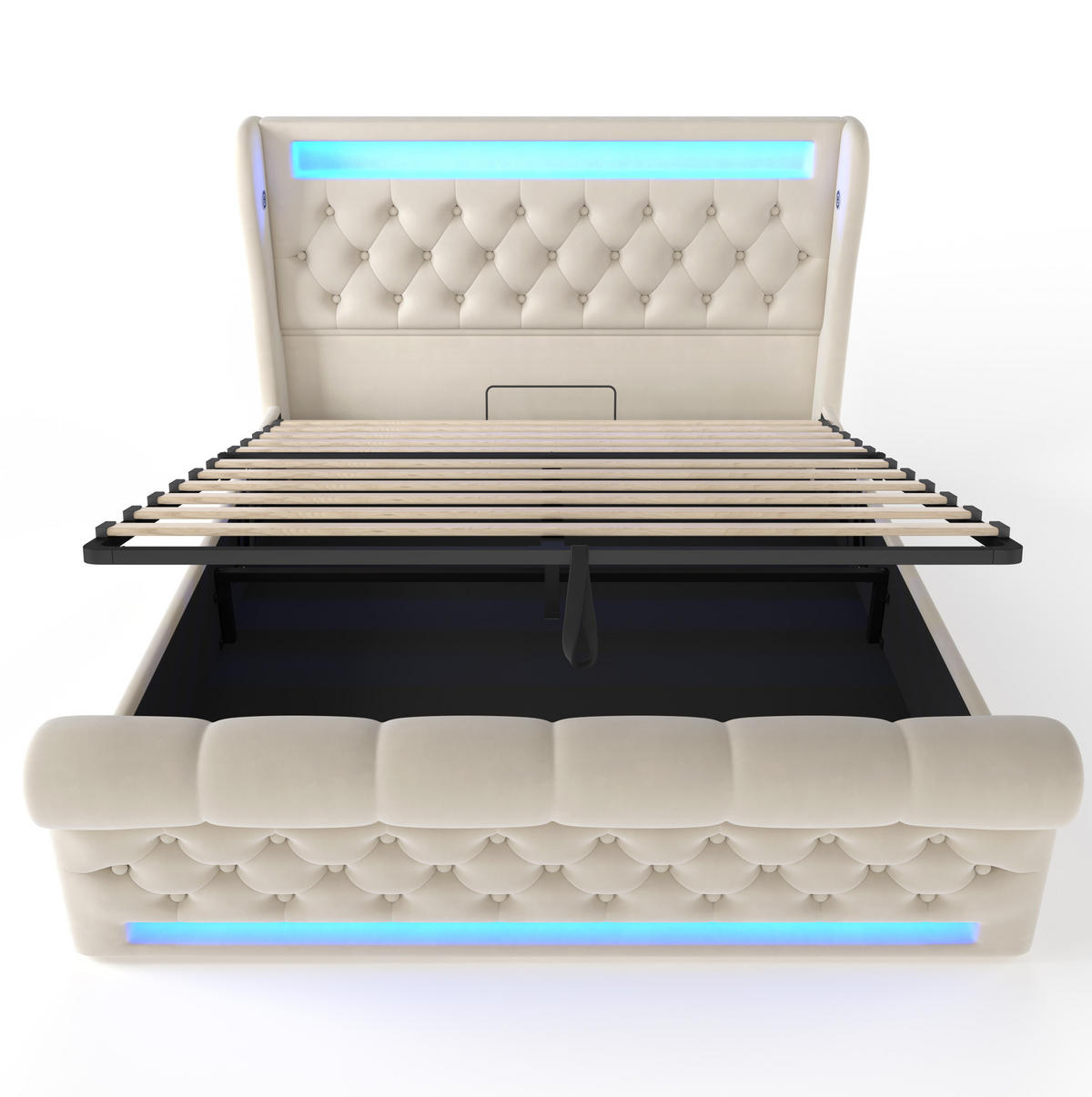 SAMT-POLSTERBETT 140/200 cm mit LED-Beleuchtung und Bettkasten in Beige - Beige, Textil (140/200cm) - BEAOK