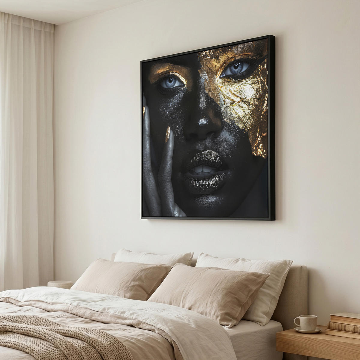 LEINWAND Bilder mit Rahmen - Frau - Gold - Porträt - Schwarz-Weiß - Luxus - 90x90 - Hellblau, Textil (90/90cm) - MuchoWow