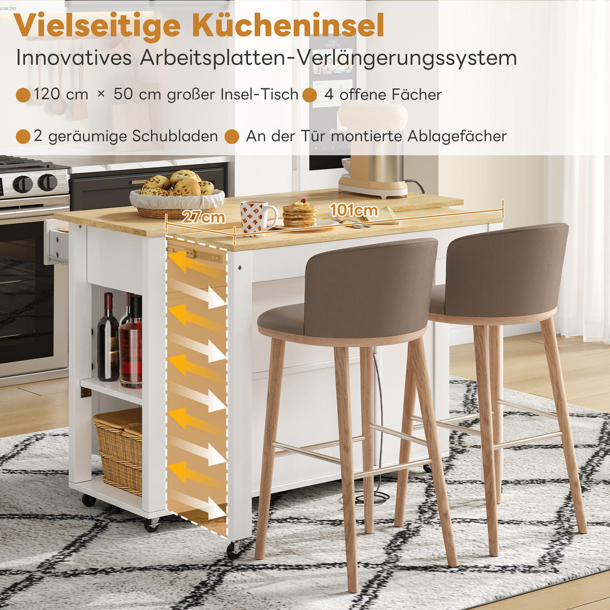 KÜCHENINSEL 120x77x93cm Weiß MDF/Laminat mit Steckdose & Schubladen - Weiß, Holzwerkstoff (120/93/77cm) - Modfu