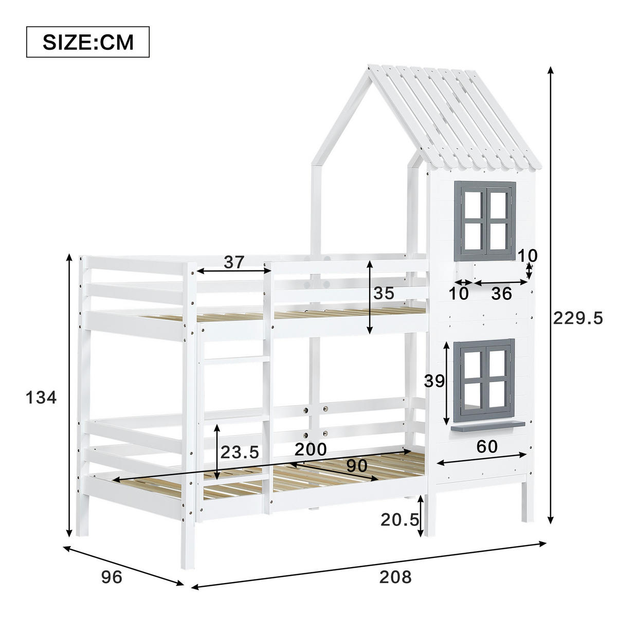 ETAGENBETT 90/200 cm mit Fenster, Handlauf und Hausdach aus Kiefernholz und MDF, Weiß/Grau - Weiß, Holzwerkstoff (90/200cm) - Redom