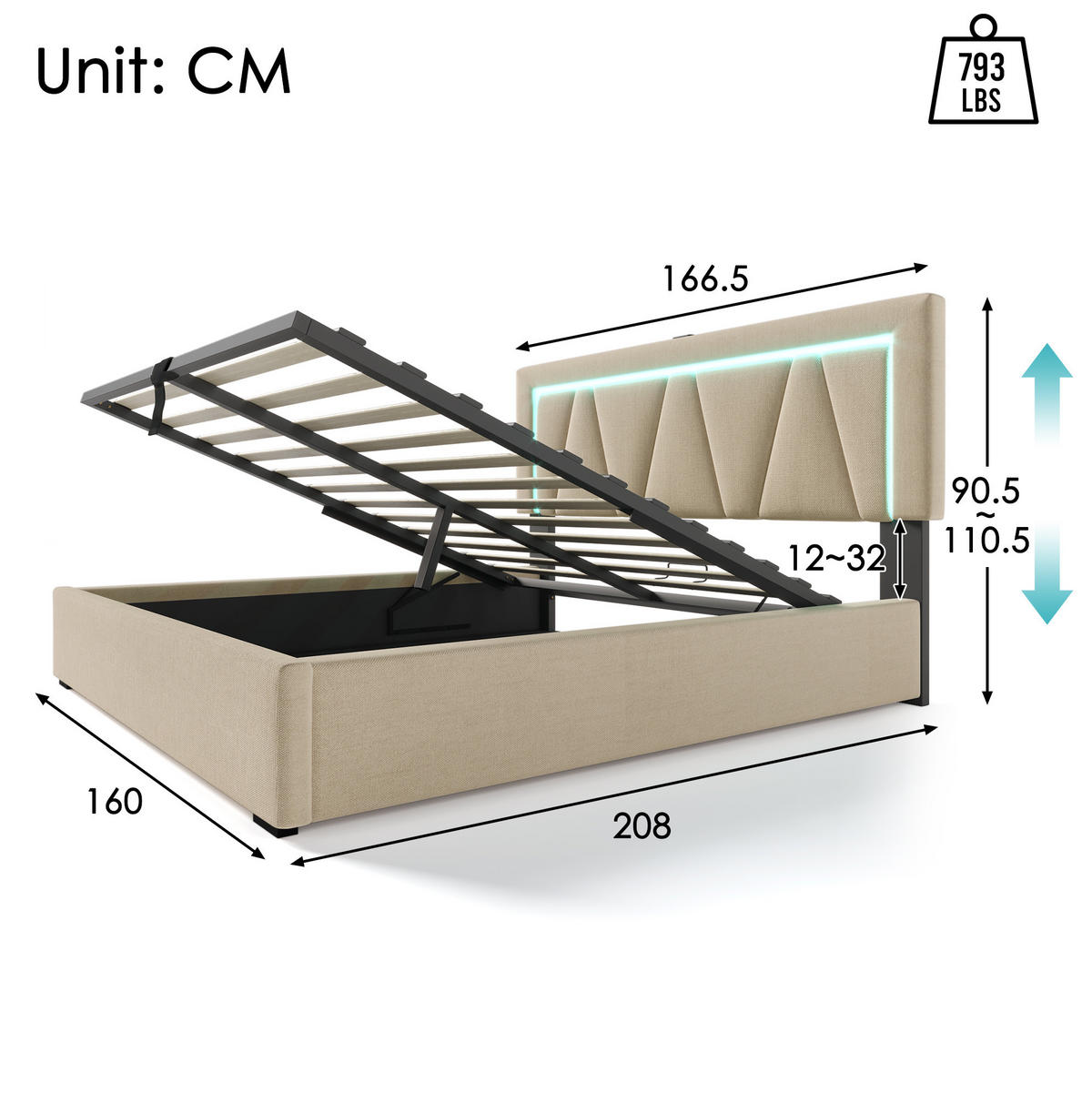 POLSTERBETT mit Stauraum LED und USB 160x200 cm Leinen Beige - Beige, Metall (160/200cm) - Meubliv