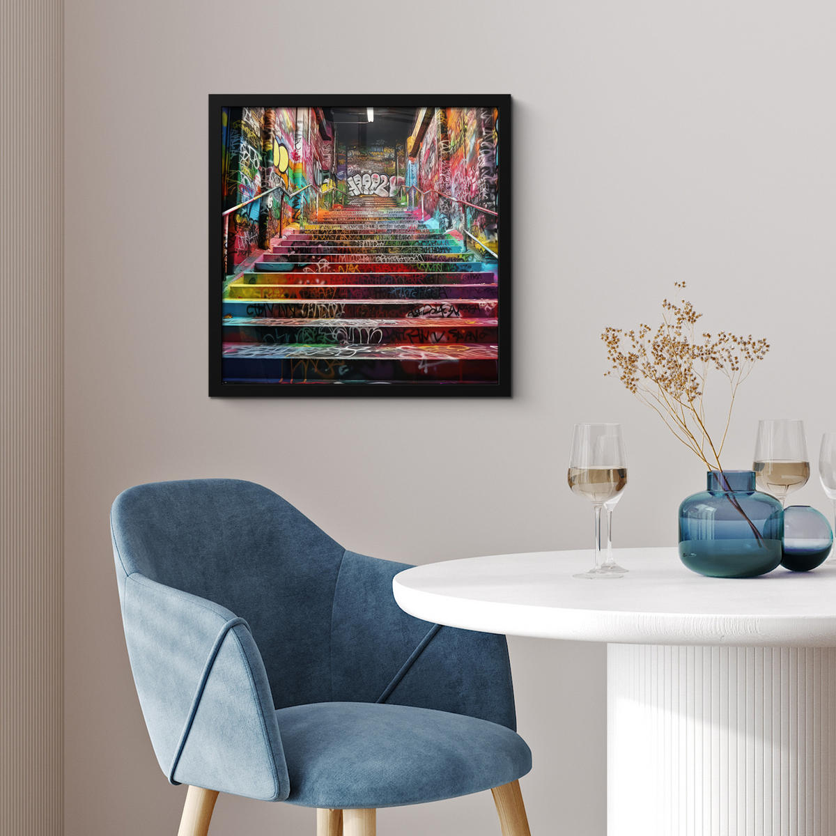 POSTER MIT RAHMEN Treppe - Graffiti - Farben - Kunst 40x40 cm - Multicolor, Papier (40/40cm) - MuchoWow