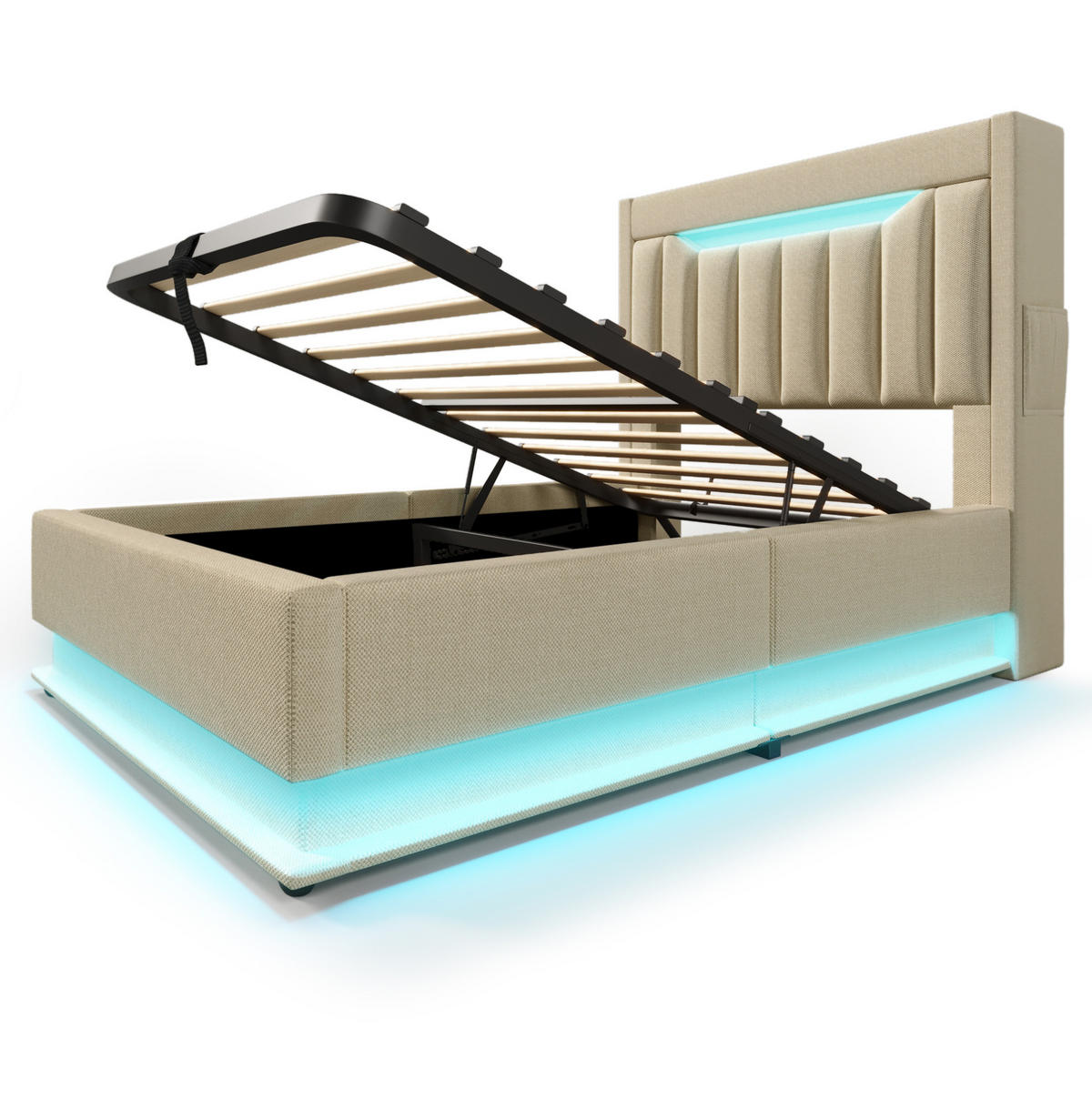 POLSTERBETT 90/200 cm Beige aus Leinen mit Stauraum, LED und USB- sowie Type-C-Anschlüssen - Beige, Textil (90/200cm) - Flora Grace