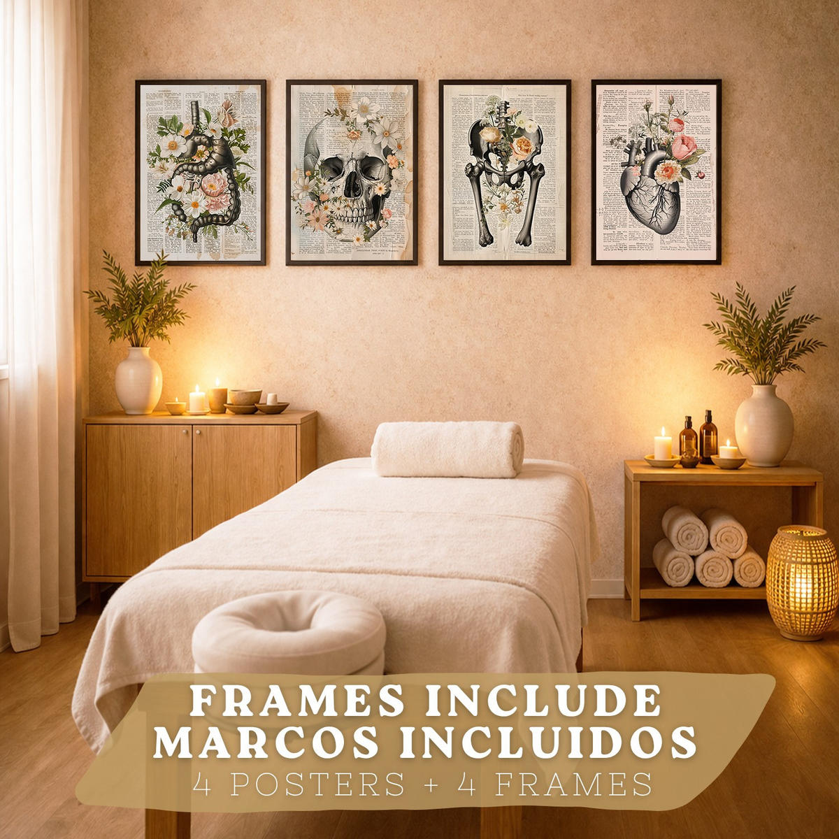 POSTER Set aus 4 Anatomie Mensch Botanische Drucke und mit Organen Herz Verdauungssystem Schädel und Becken Heimdekoration Größe Schwarzer Rahmen A4 - Schwarz, Papier (21/29.7/3cm) - Nacnic