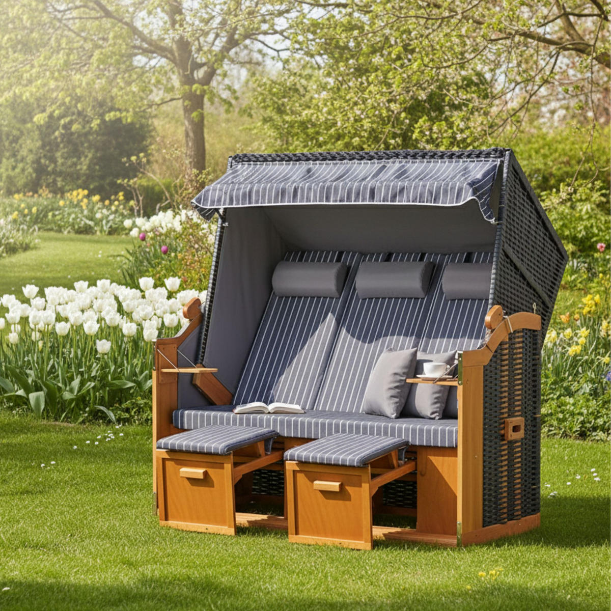 STRANDKORB XXL Ostsee 3Sitzer PE Schwarz - Braun/Grau, Metall (160/160/80cm) - Mr. Deko