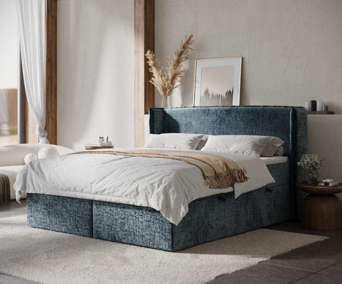 BOXBETT Skyline Blau Grau 200/200 cm mit Matratze und Topper - Blaugrau/Schwarz, Holz/Holzwerkstoff (200/200cm) - Maison de Reve