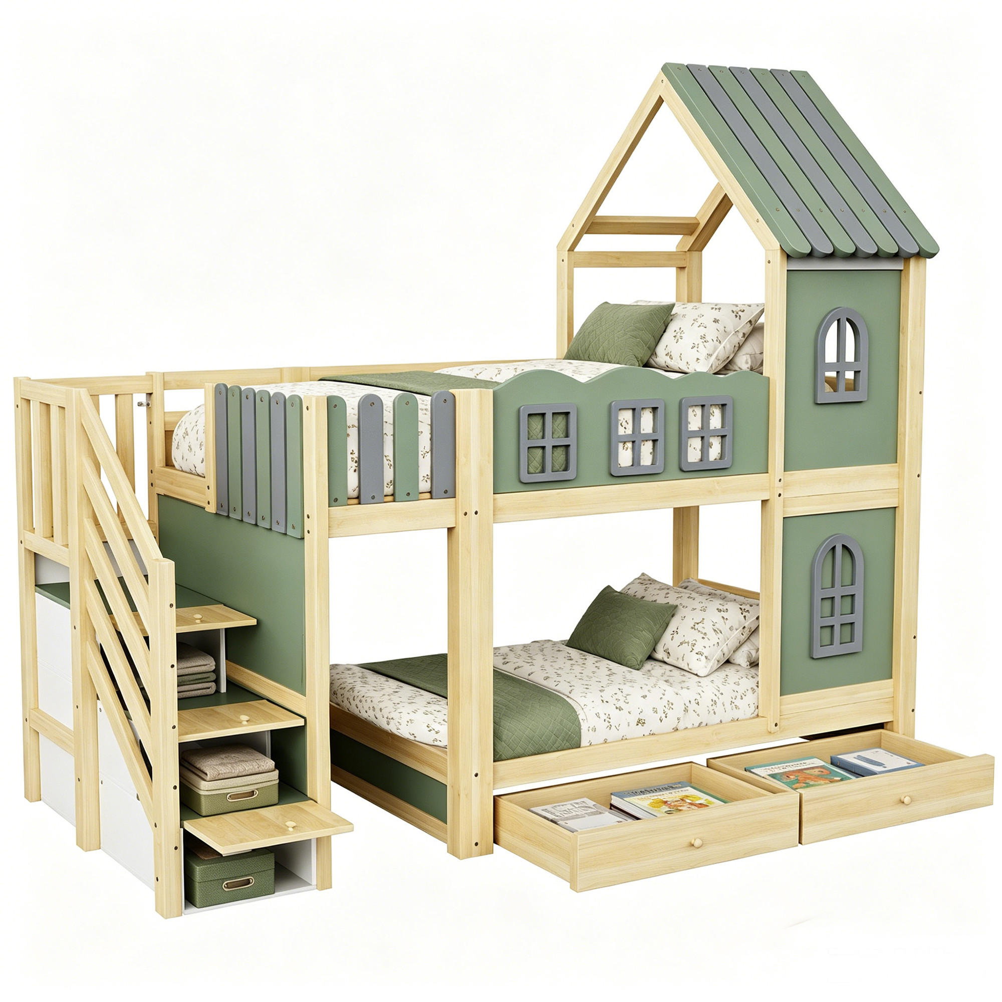 ETAGENBETT 90/200 cm in Grün/Grau/Naturholz mit Stauraumleiter, Schubladen und Regalen - Grün, Holz/Holzwerkstoff (90/200cm) - WISHDOR
