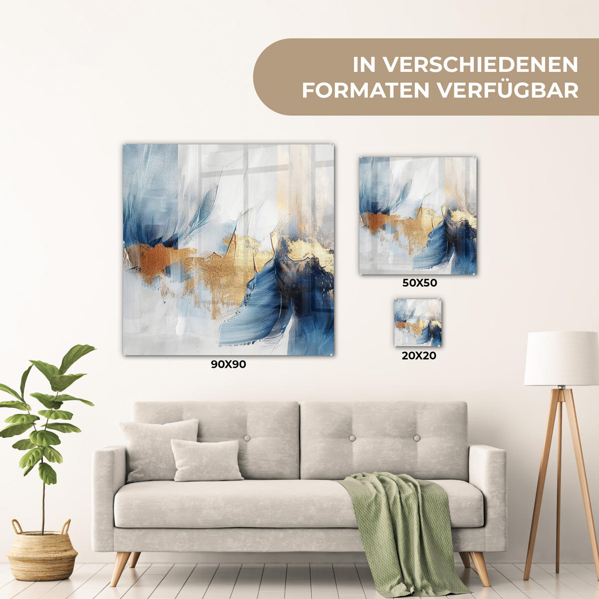 ACRYLGLASBILD Gold - Blau - Aquarell - Kunst - Modern 90x90 cm - Hellblau, Glas (90/90cm) - MuchoWow