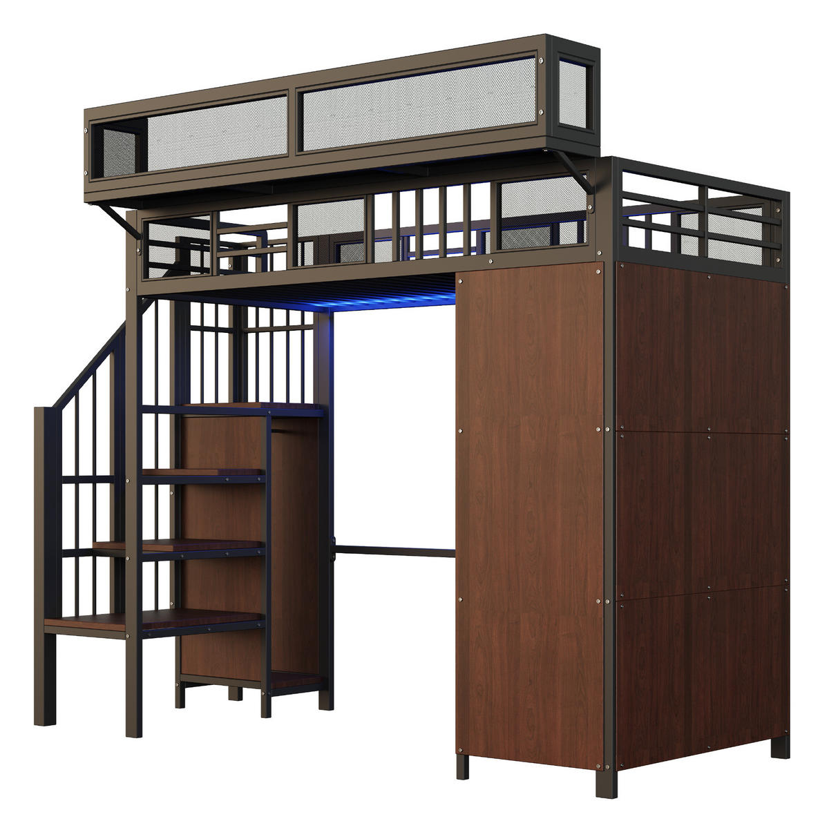 HOCHBETT aus Metall und Holz 90x200 cm Schwarz mit LED-Beleuchtung, Kleiderschrank und Aufbewahrungsleiter - Schwarz, Metall - Modfu