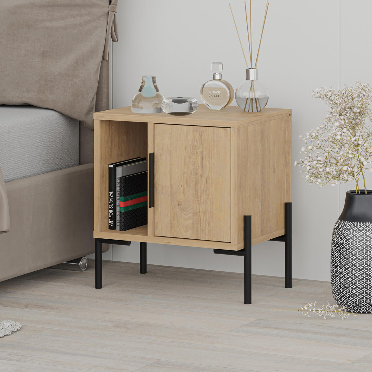 NACHTTISCH Glynn Z106 Eiche 45/35/50 cm - Eichefarben/Schwarz, Holzwerkstoff/Metall (45/50/35cm) - Decortie