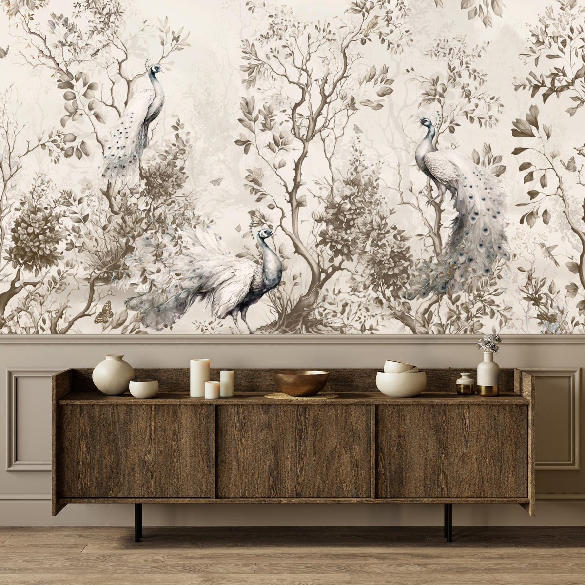 FOTOTAPETE für Wohnzimmer Pfauen Zwischen Bäumen Büsche Blätter 100x70 - Beige, Papier (100/70cm) - Muralo