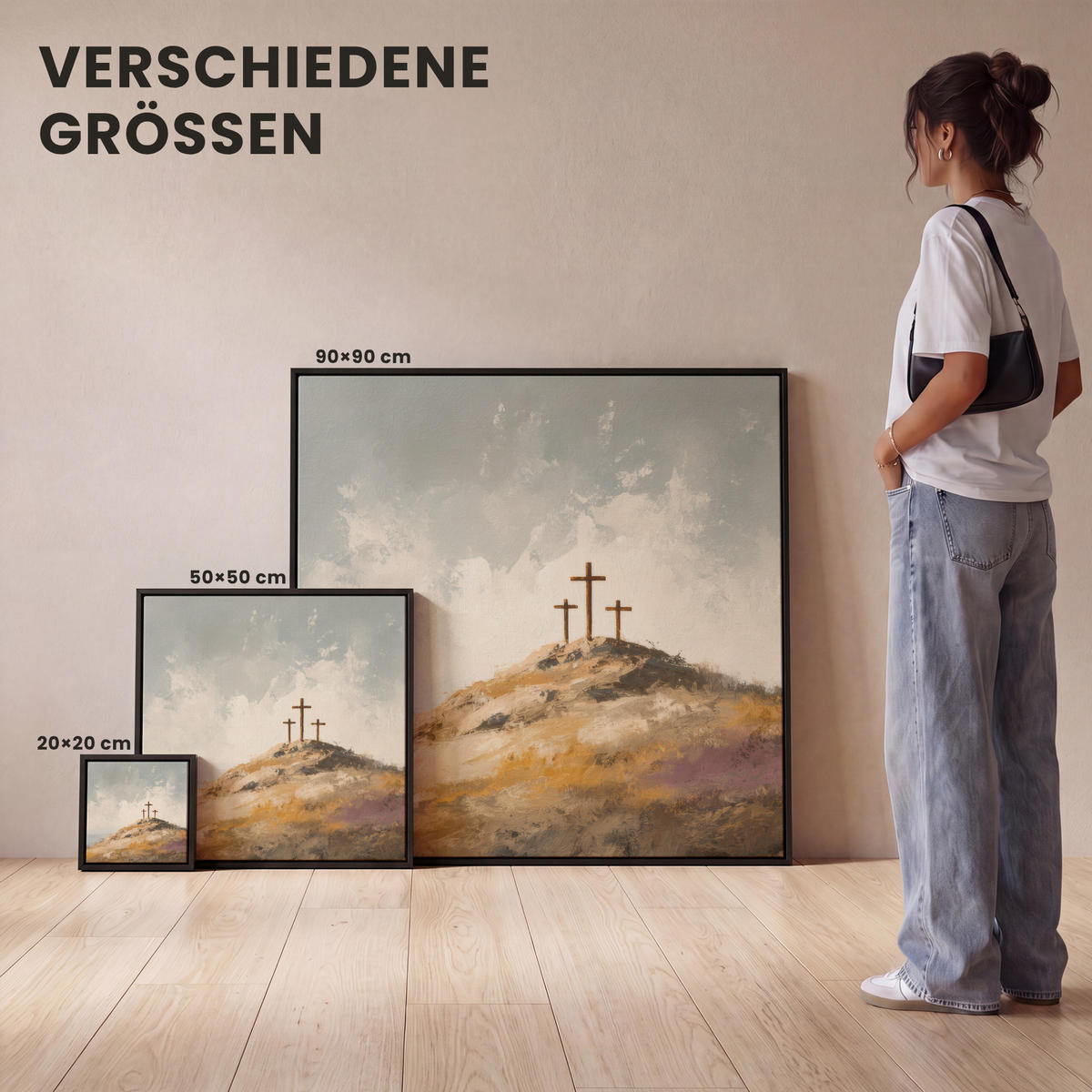LEINWAND Bilder mit Rahmen - Hügel - Abstrakt - Christentum - Kreuz - 20x20 - Hellgrau, Textil (20/20cm) - MuchoWow