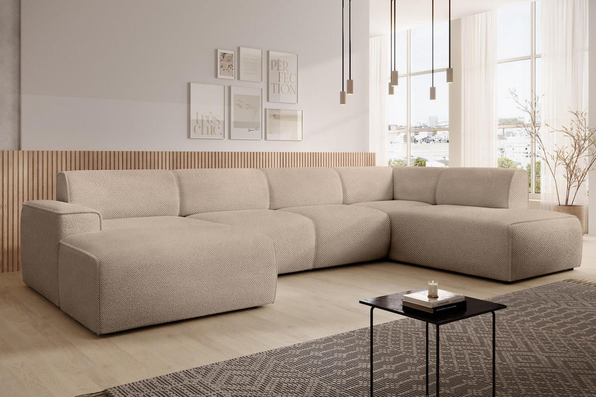 WOHNLANDSCHAFT Didim Beige 378/220/78 cm – großes Sofa stilvoll & bequem R - Beige/Schwarz, Kunststoff/Textil (378/78/220cm) - AX Living