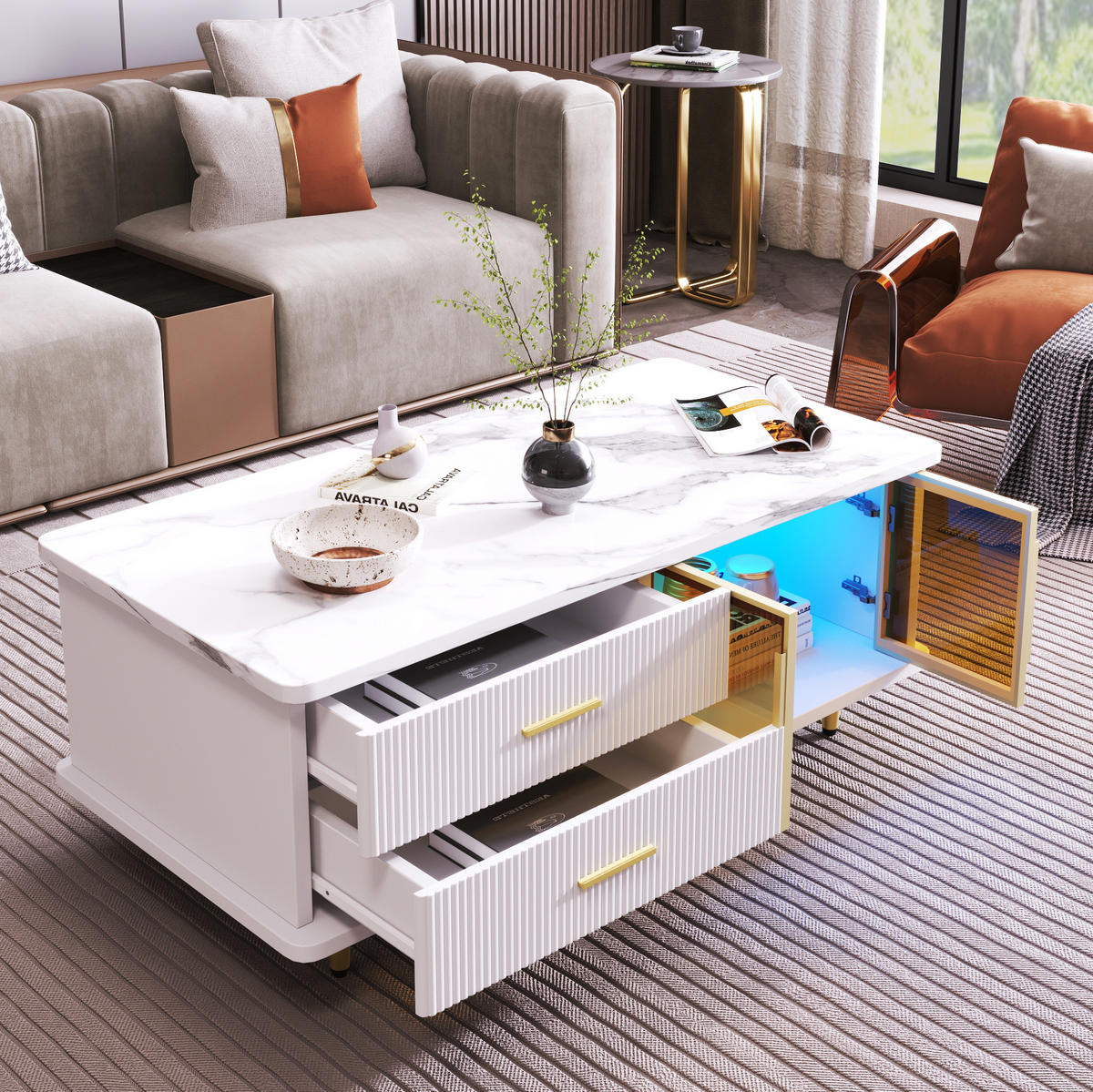 COUCHTISCH 100/50/40 cm mit LED-Beleuchtung, 2 Schubladen und 2 Türen aus gehärtetem Glas, Spanplatte, Weiß - Weiß, Holzwerkstoff (100/50/40cm) - Modfu