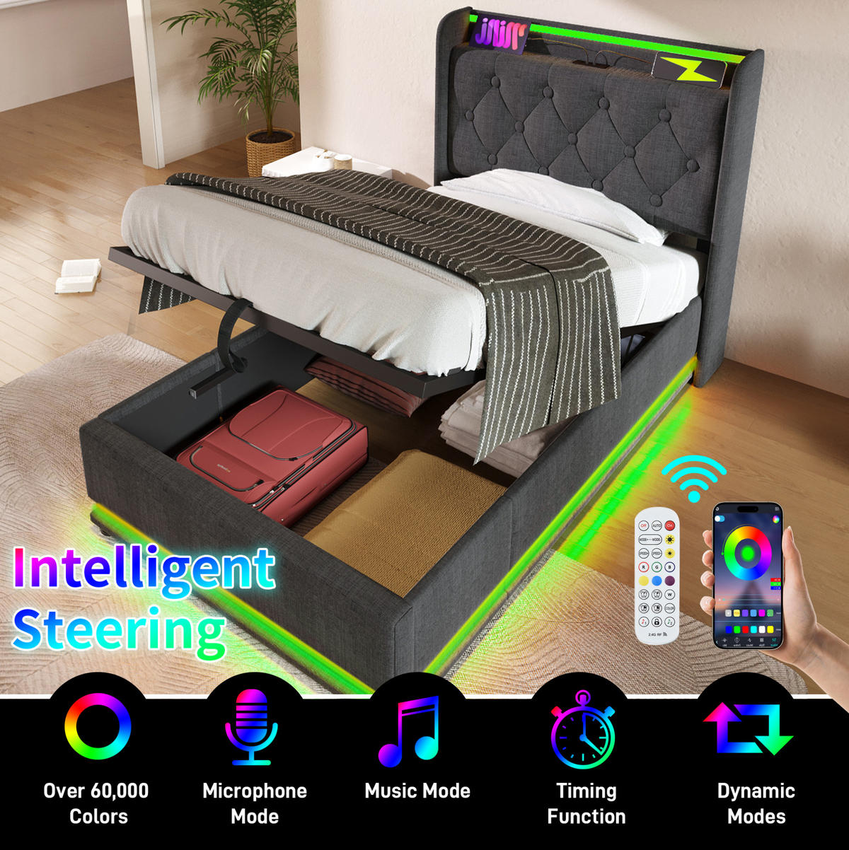 POLSTERBETT 160/200 cm Grau aus Leinen mit LED und Stauraum - Grau, Textil (160/200cm) - OKMYHOME