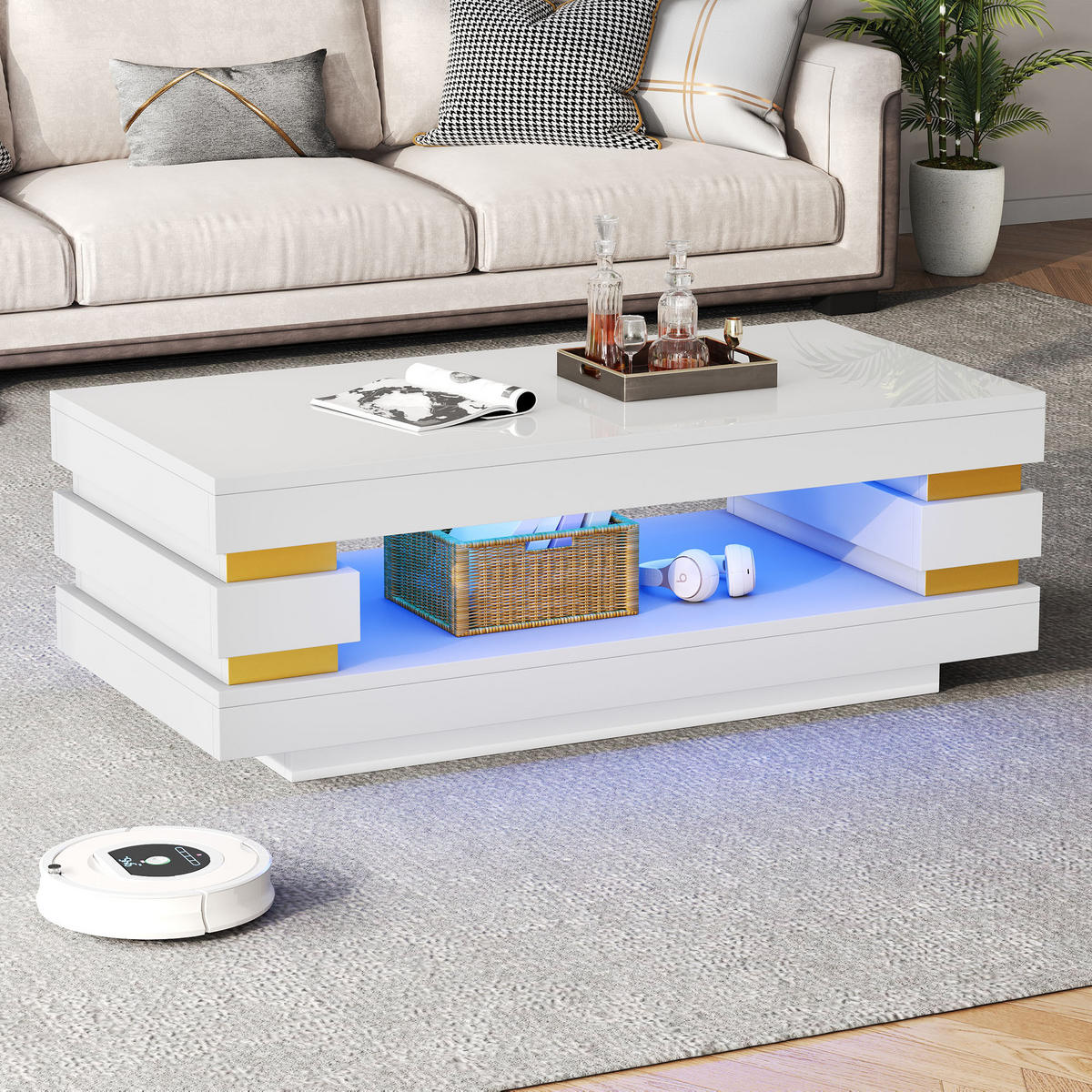 COUCHTISCH LED Weiß 100x50x35cm Stauraum Hochglanz Spanplatte - Weiß, Holzwerkstoff (100/50/35cm) - FLIEKS