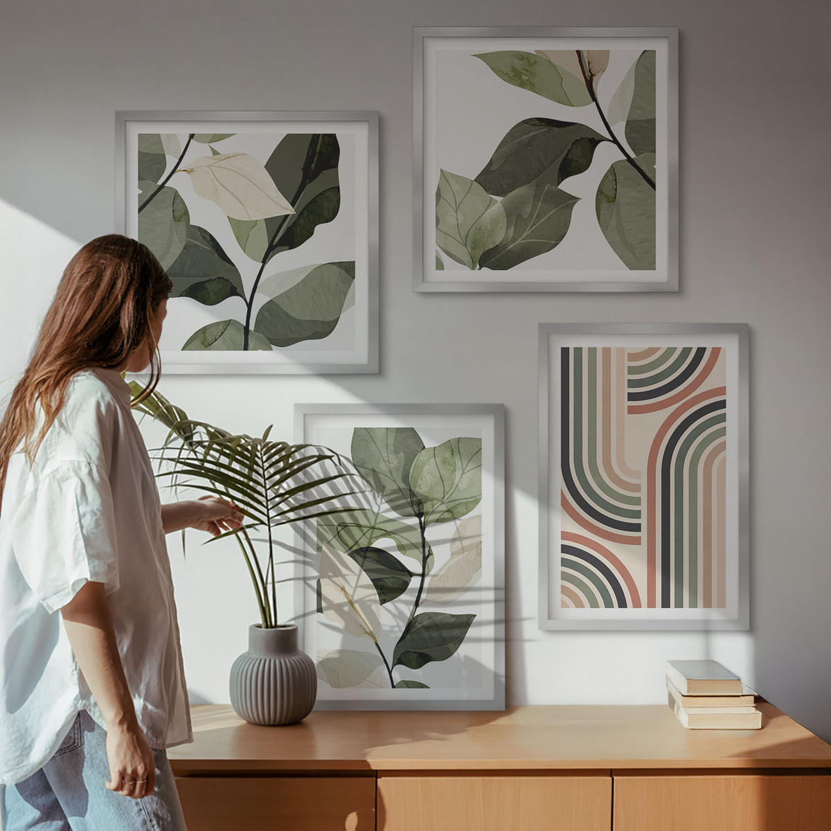 BILDER SET 4er Set - 50x50 cm & 40x60 cm Silberner Rahmen - Geometrische Pflanzenmotive - Silberfarben, Kunststoff (50/50cm) - TULUP