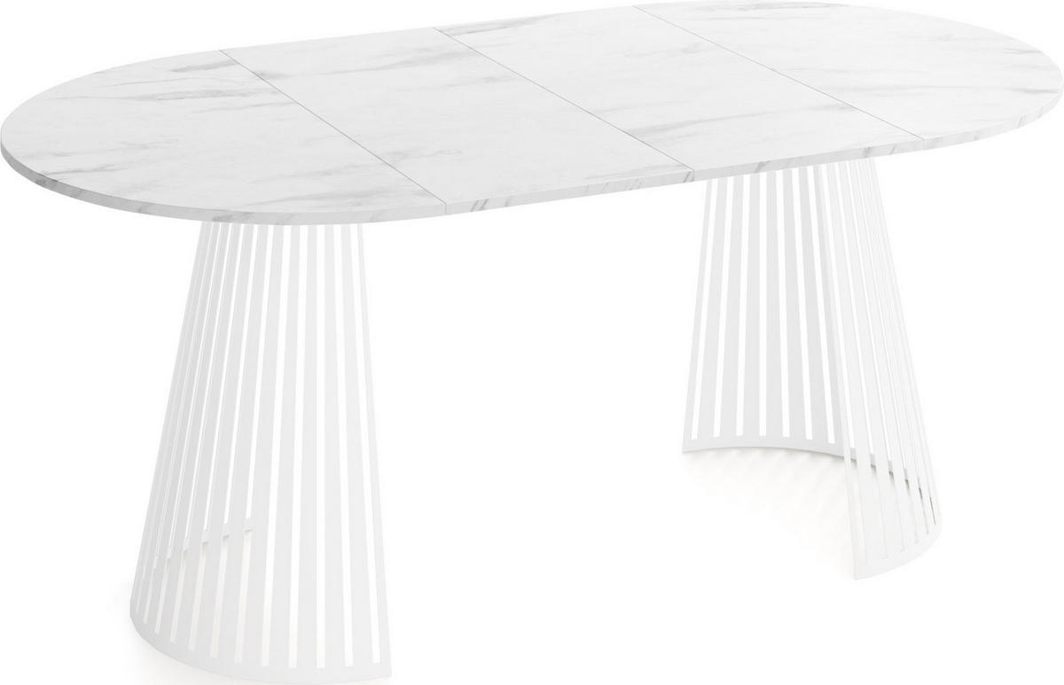 ESSTISCH Naro rund ausziehbar mit Weißem Lamellen-Metallgestell, Marmor Weiß 120-200/120/76 cm - Ecru/Weiß, Holzwerkstoff/Metall (120/196/76cm) - WFL GROUP
