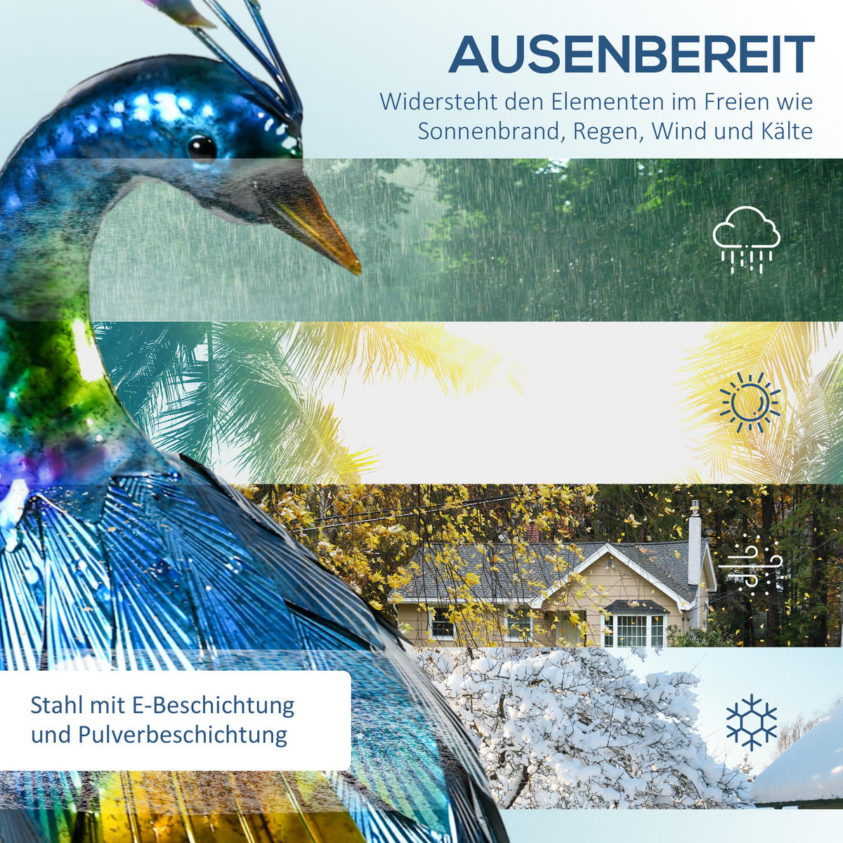 GARTENSTATUE Pfau, 59 cm Gartenfigur, Skulptur für Balkon, Terrasse - Blau, Metall (25/59/29cm) - Outsunny