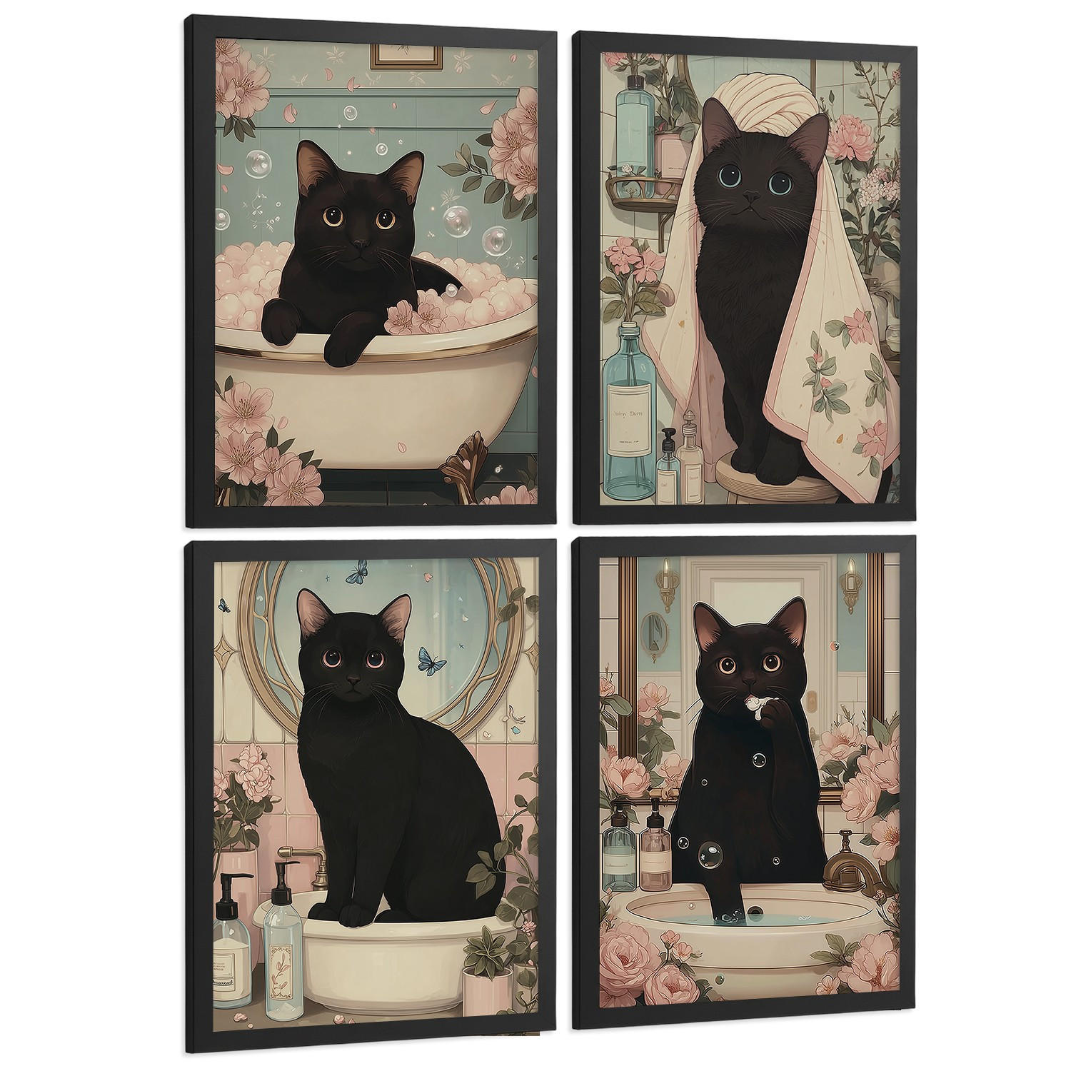 POSTER 4er-Set dekorative Kunstdrucke, schwarze Katze im Badezimmer, niedliches Blumenposter für Toilette, Schlafzimmer, sanfter Schwarzer Rahmen A4 - Schwarz, Papier (29.7/21/3cm) - Nacnic