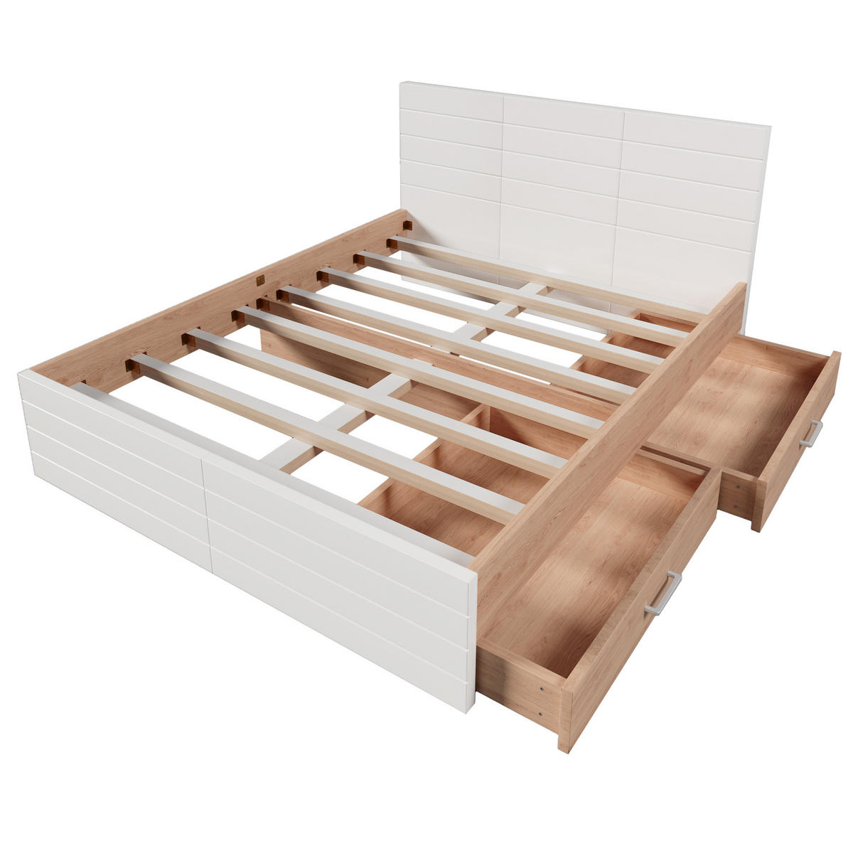 DOPPELBETT 140/200 cm Weiß und Eiche mit 2 Schubladen und Lattenrost - Weiß, Holzwerkstoff (140/200cm) - OKWISH