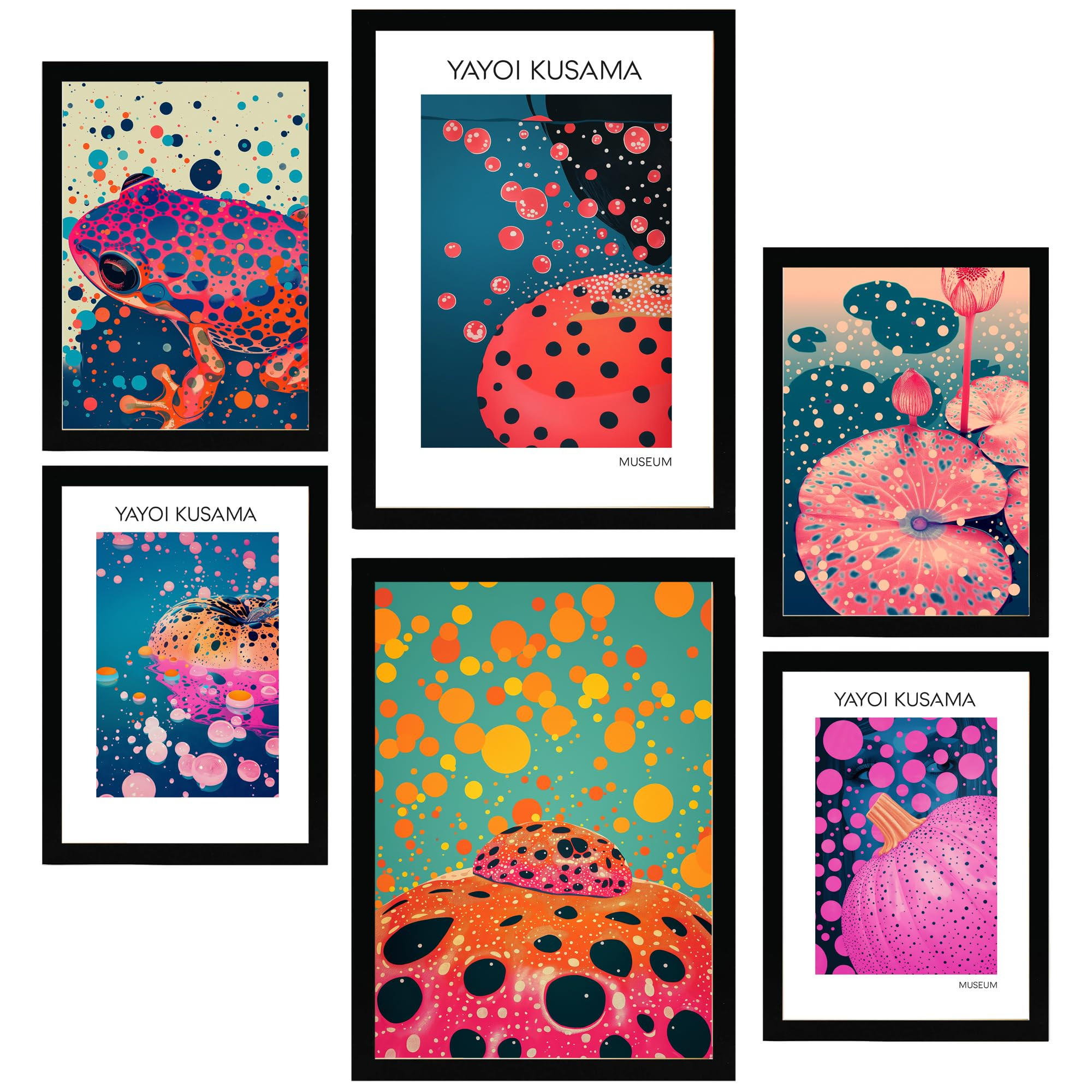 POSTER Set Mit 6 Kusama Kürbis A3 & A4 Schwarzer Rahmen - Schwarz, Papier (29/3cm) - Nacnic