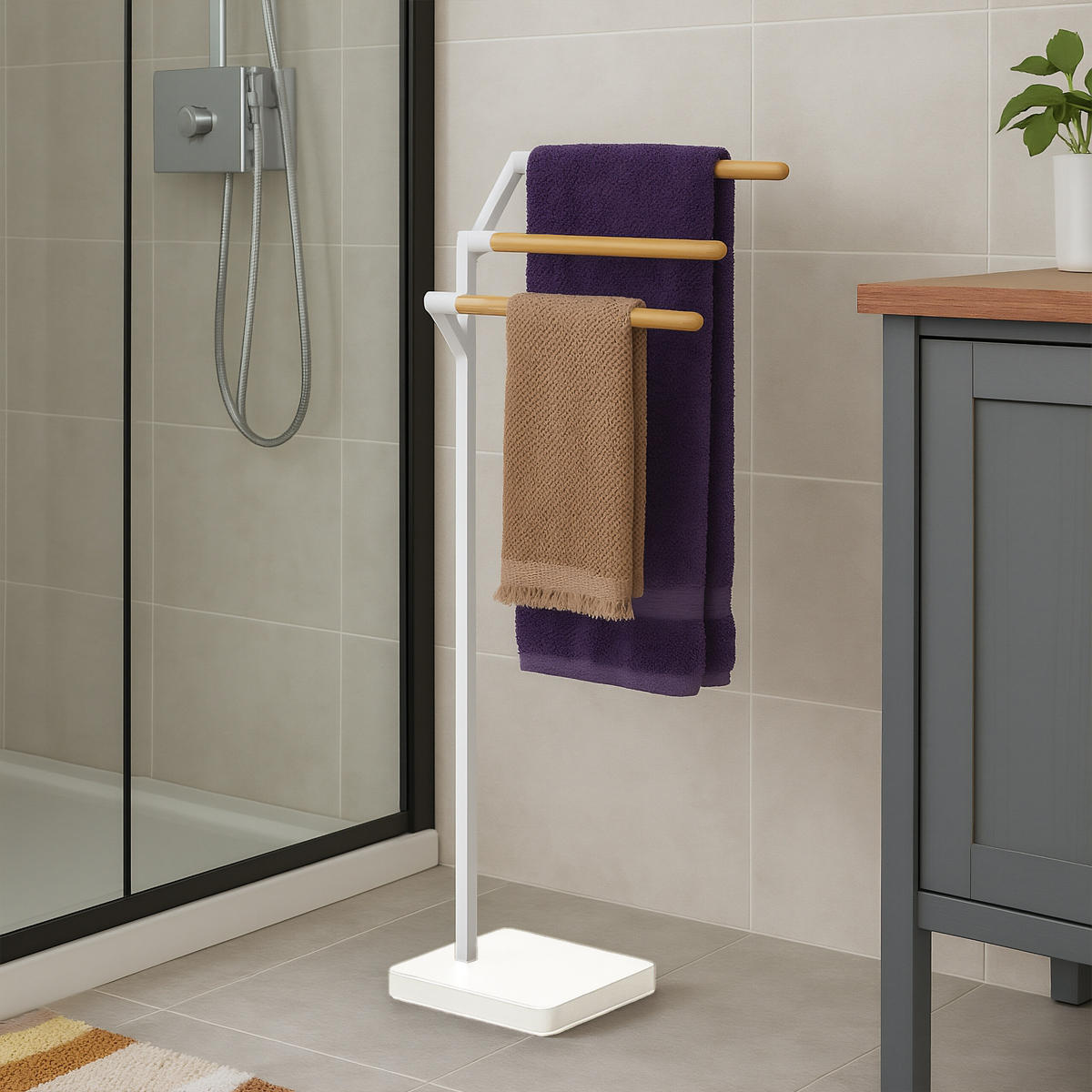 STOJAN na osušky - bílá, kov/dřevo (38.5/75/18cm) - Relaxdays