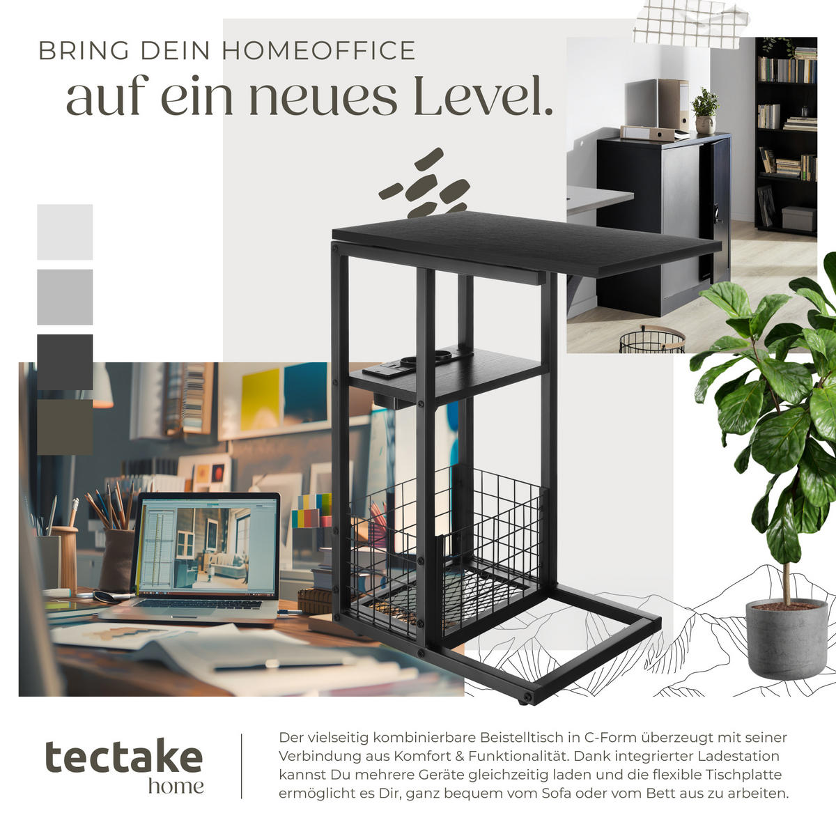 LAPTOP-BEISTELLTISCH Rhea,50 - 73 x 30 x 61,5 cm,schwarz - Schwarz, Metall (73/30/62.5cm) - tectake