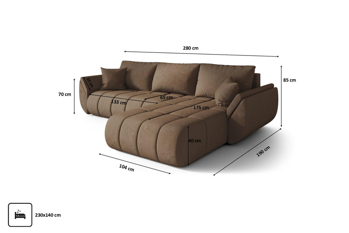 ECKSOFA TOKYO PREMIUM mit Schlaffunktion, Stoff MONOLITH, Hellbraun, Rechts - Hellbraun, Holz (280/190cm) - Kaiser Möbel