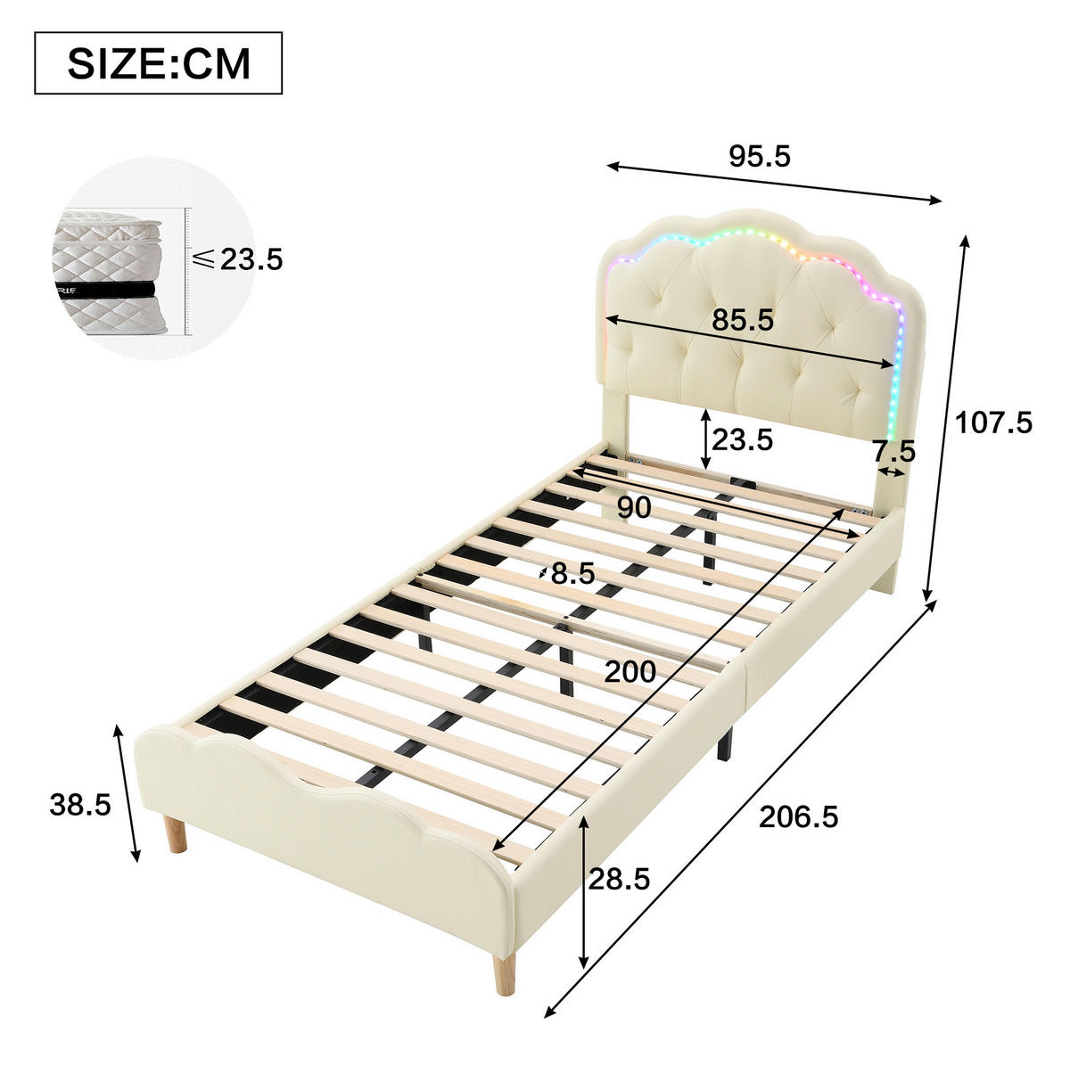 POLSTERBETT 90/200 cm Beige aus PU mit LED-Beleuchtung - Beige, Kunststoff (90/200cm) - OKMYHOME